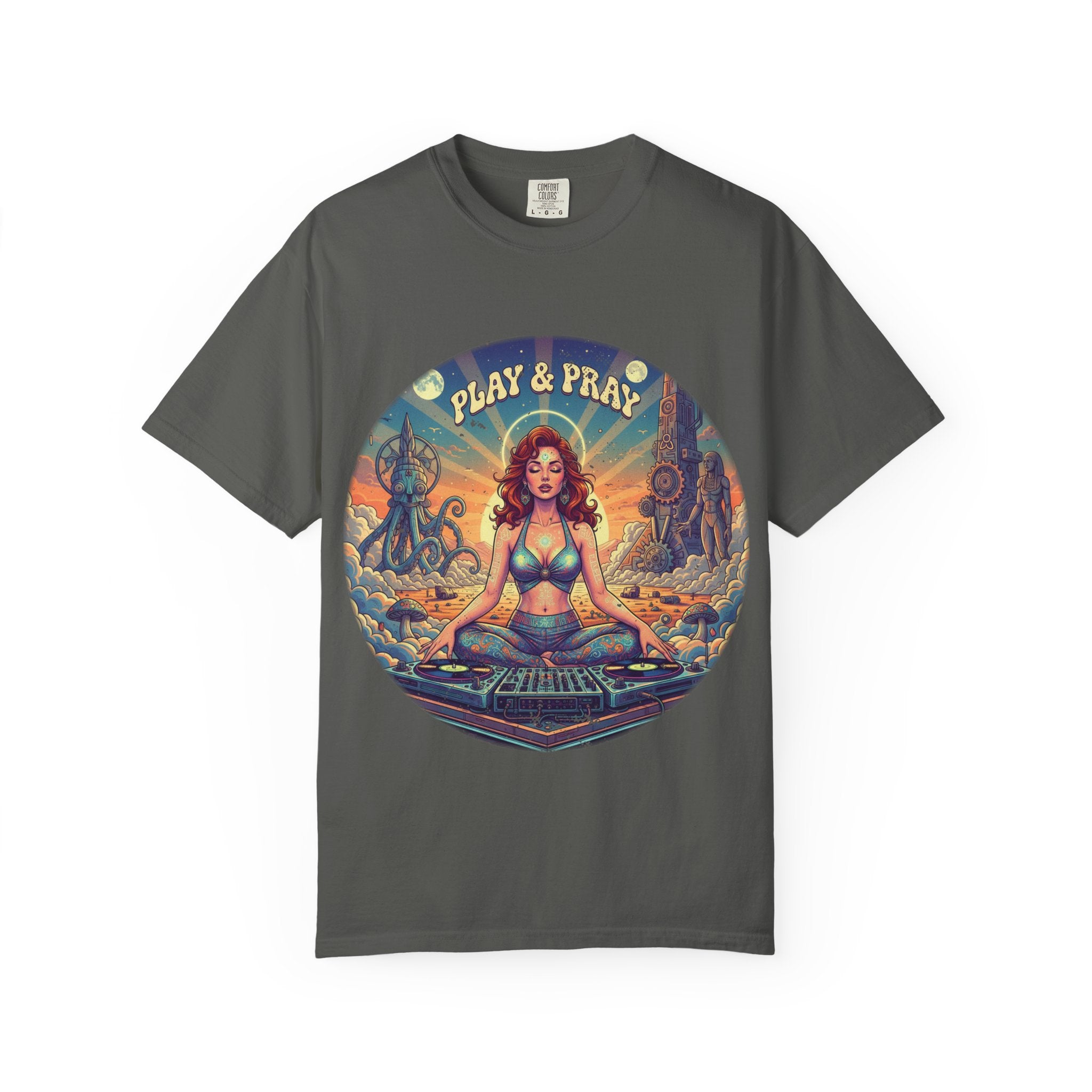 Play & Pray Vintage Pinup DJ Tee - Retro Spiritual Rave & Festival Graphic T-Shirt