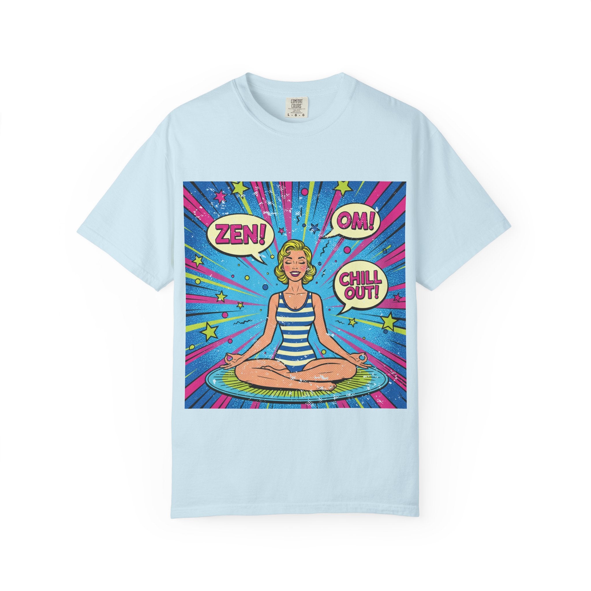 Vintage Zen Pop Art Yoga T-Shirt – Retro Comic Style "Chill Out" Pinup Graphic Tee