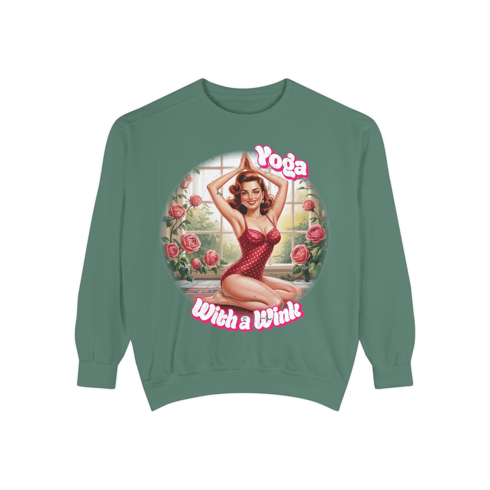 Retro Pin-Up Yoga Crewneck for Vintage Style & Spiritual Vibes