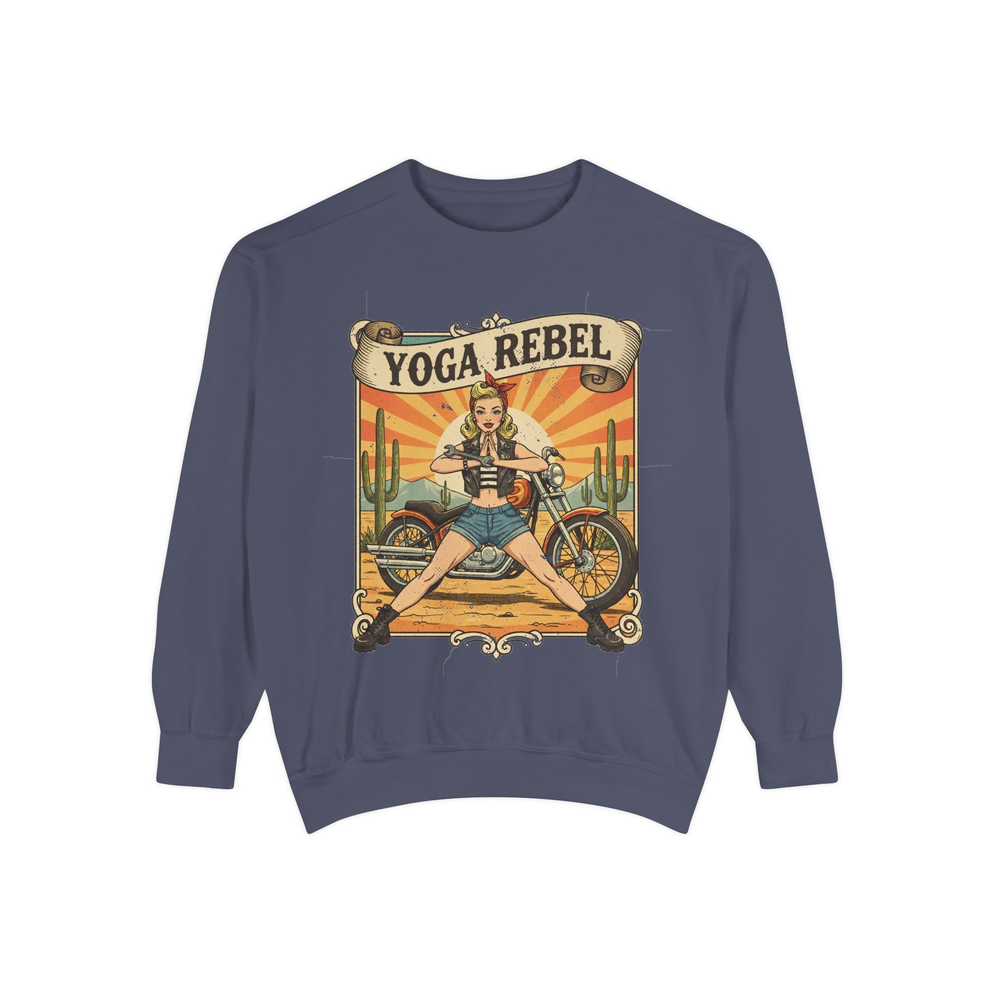 Yoga Rebel Retro Sweatshirt – Vintage Biker Girl Motorcycle Graphic Pullover