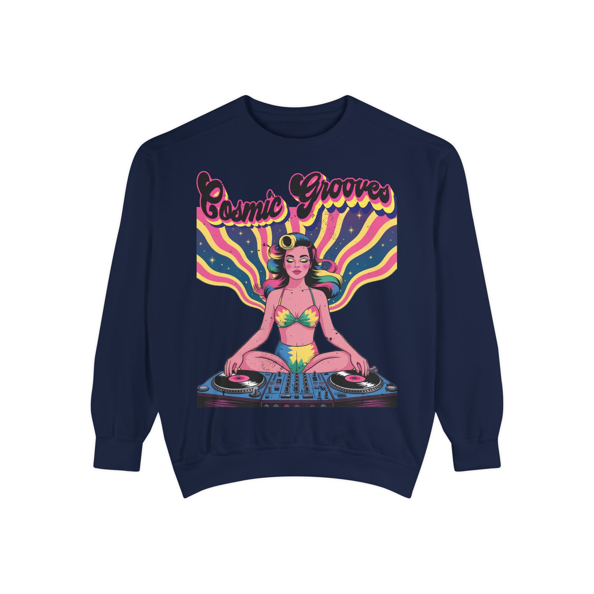 Cosmic Grooves Retro Pinup DJ Sweatshirt – Psychedelic Meditating Rave Apparel