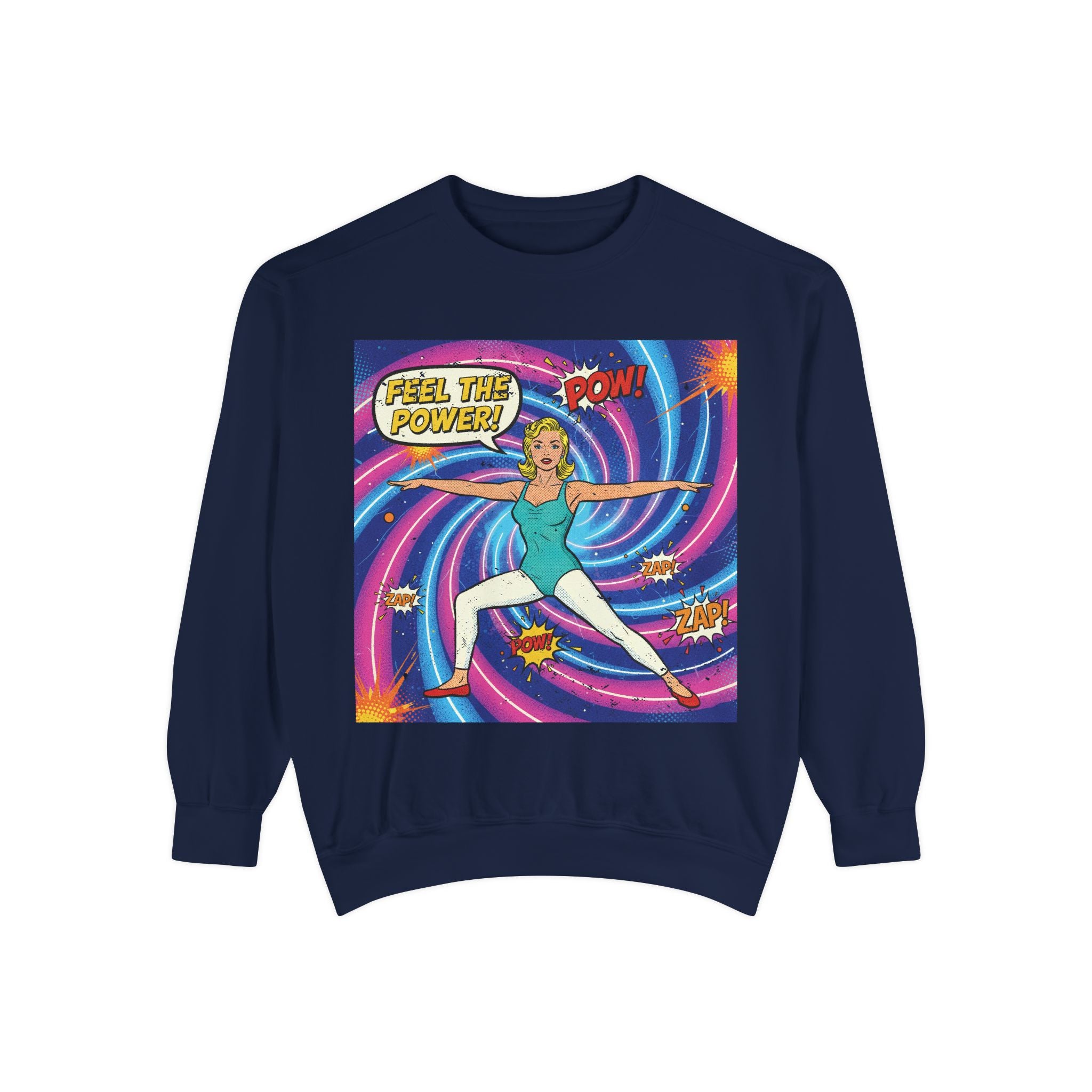 Retro Comic Yoga Sweatshirt – Vintage Pop Art Warrior Pose "Feel The Power" Pullover