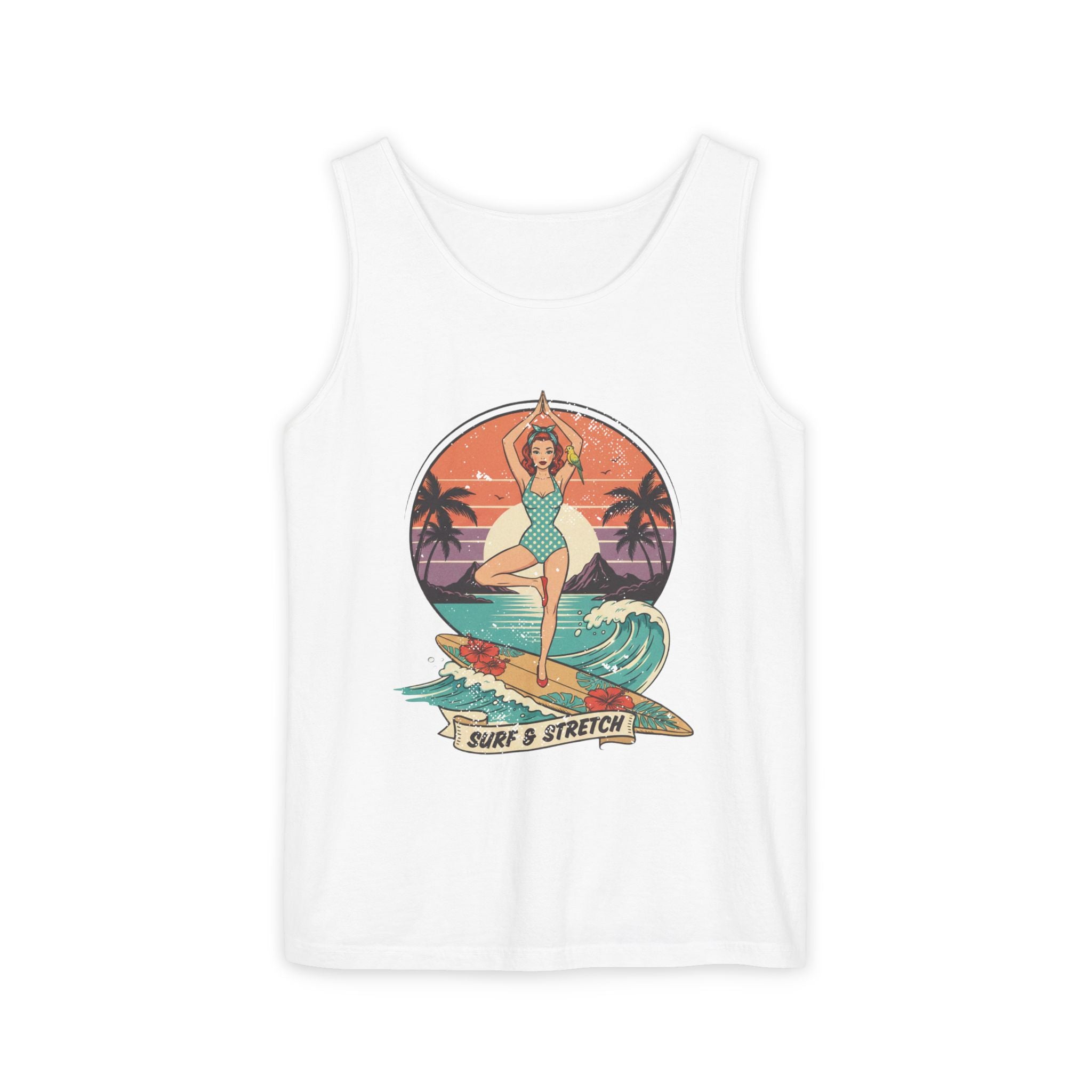 Surf & Stretch Retro Tank Top – Vintage Tropical Beach Yoga Graphic Tee