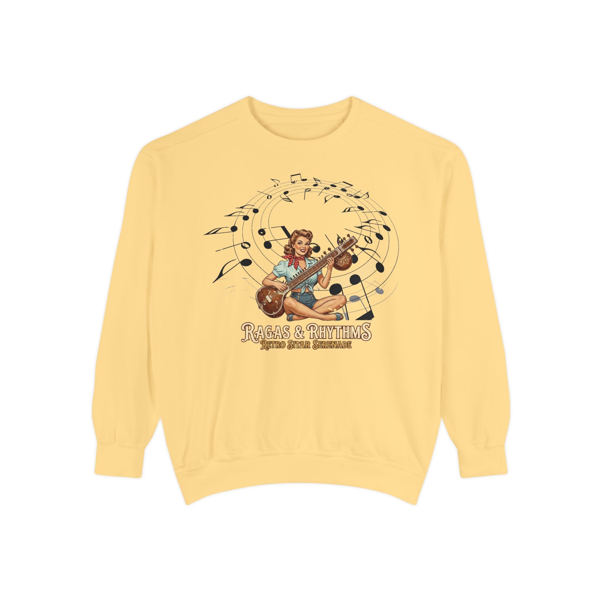 Ragas & Rhythms Retro Sweatshirt – Vintage Sitar Serenade Graphic Pullover