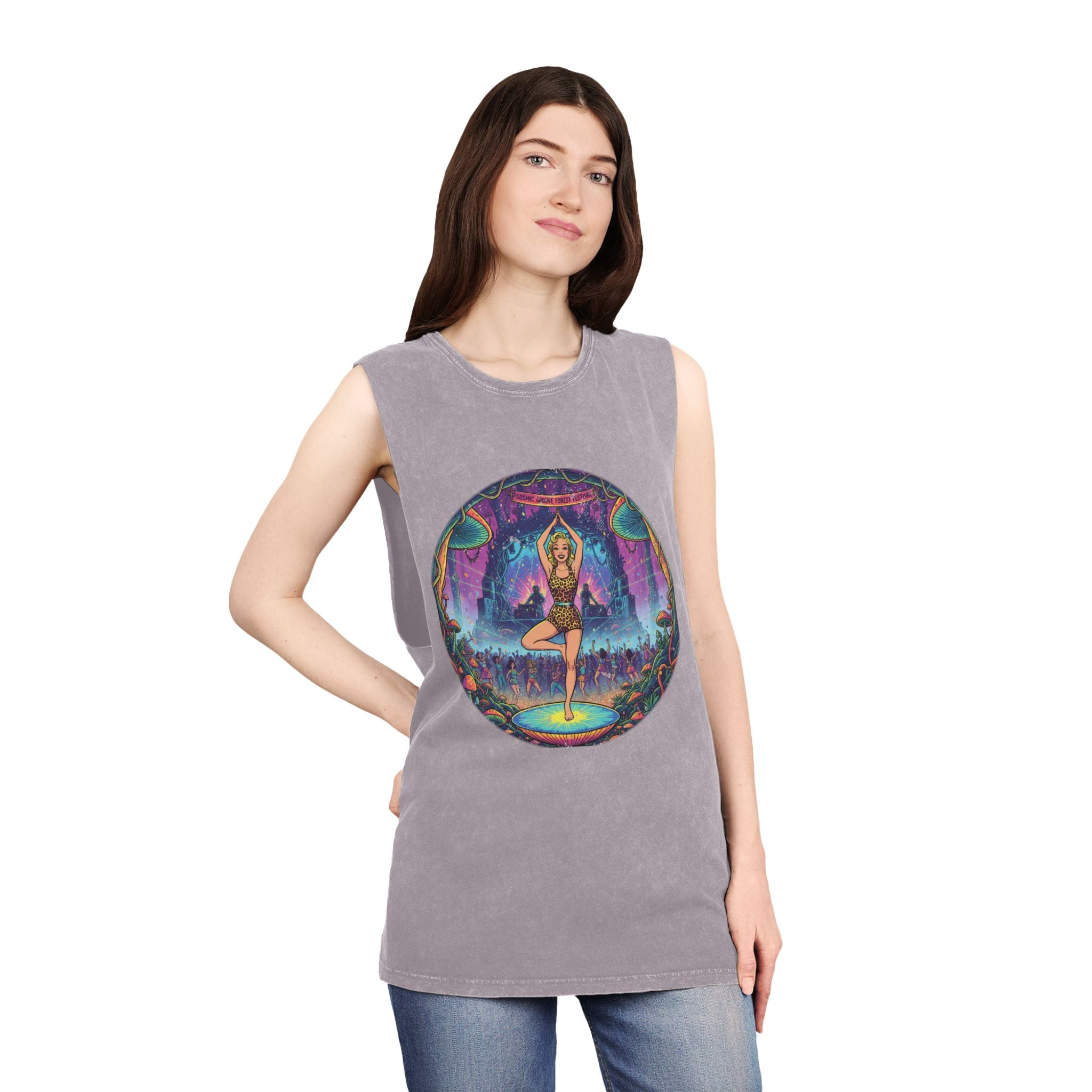 Cosmic Groove Forest Festival Pinup Tank Top - Vintage Psychedelic Mushroom Stonewashed Rave Gear