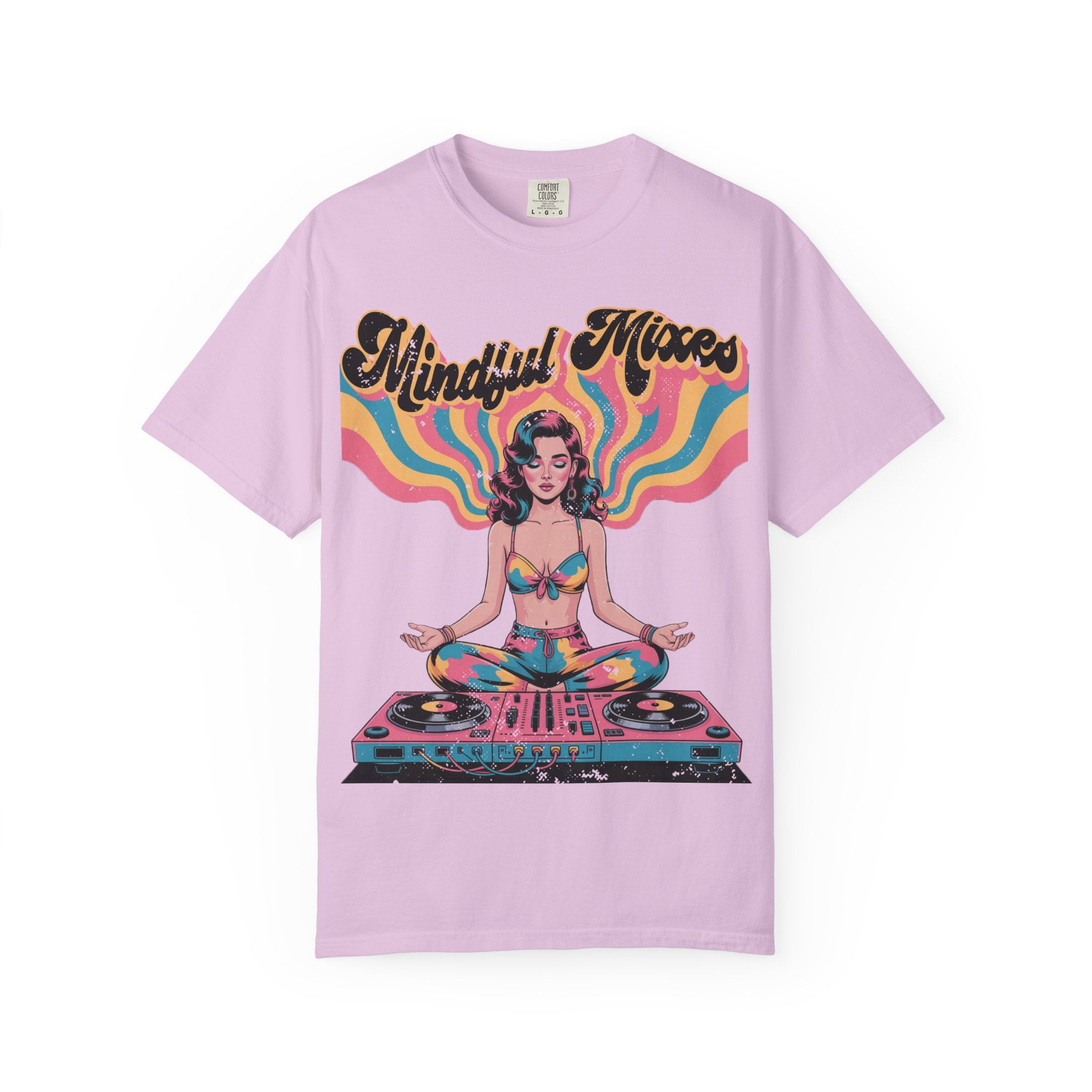 Mindful Mixes Retro DJ T-Shirt – Psychedelic Pinup Meditating Graphic Tee