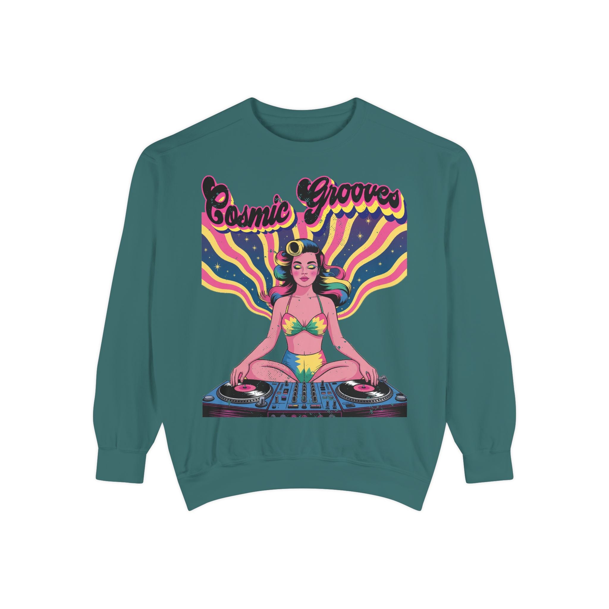 Cosmic Grooves Retro Pinup DJ Sweatshirt – Psychedelic Meditating Rave Apparel