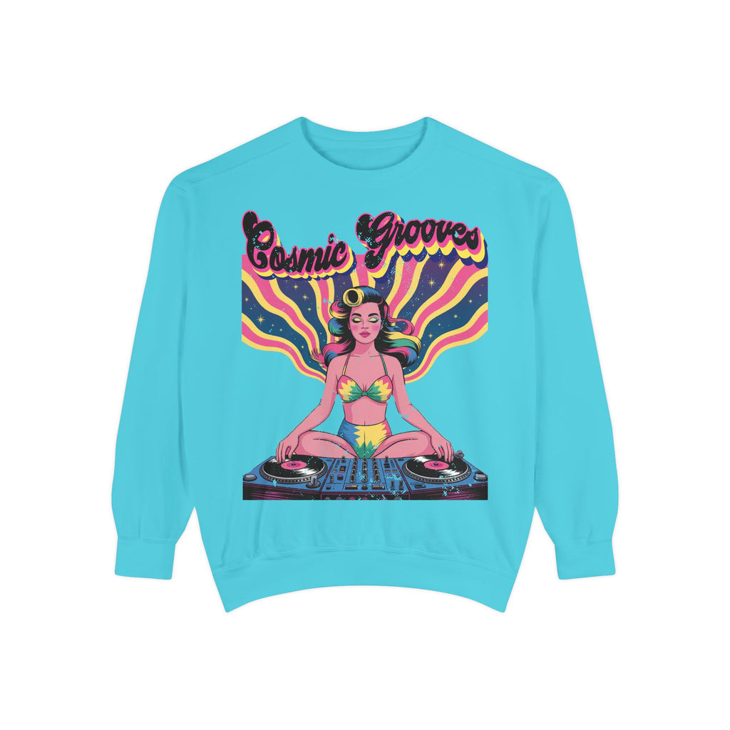 Cosmic Grooves Retro Pinup DJ Sweatshirt – Psychedelic Meditating Rave Apparel