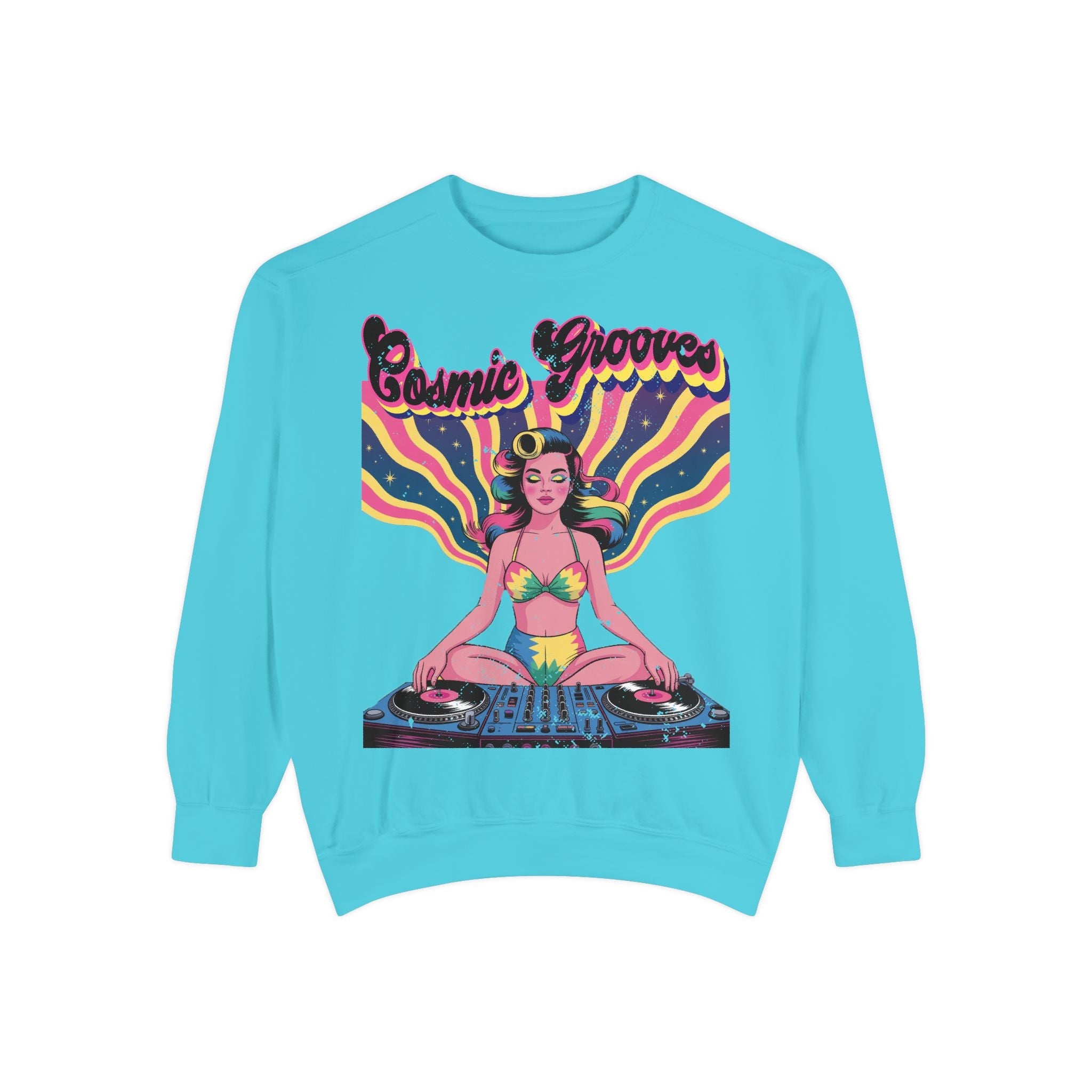 Cosmic Grooves Retro Pinup DJ Sweatshirt – Psychedelic Meditating Rave Apparel