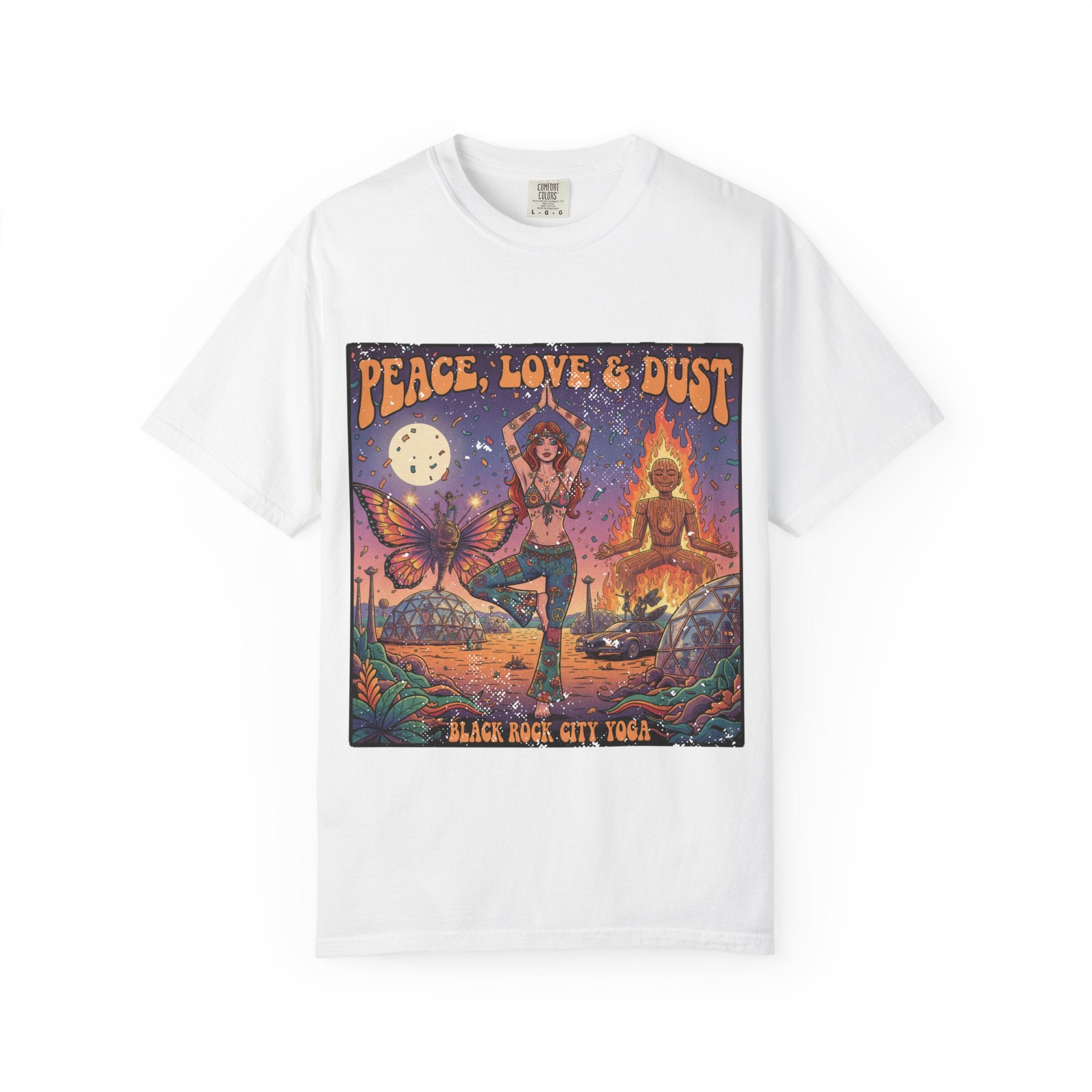 Peace Love & Dust Black Rock City Yoga T-Shirt - Vintage Festival Pinup Graphic Tee