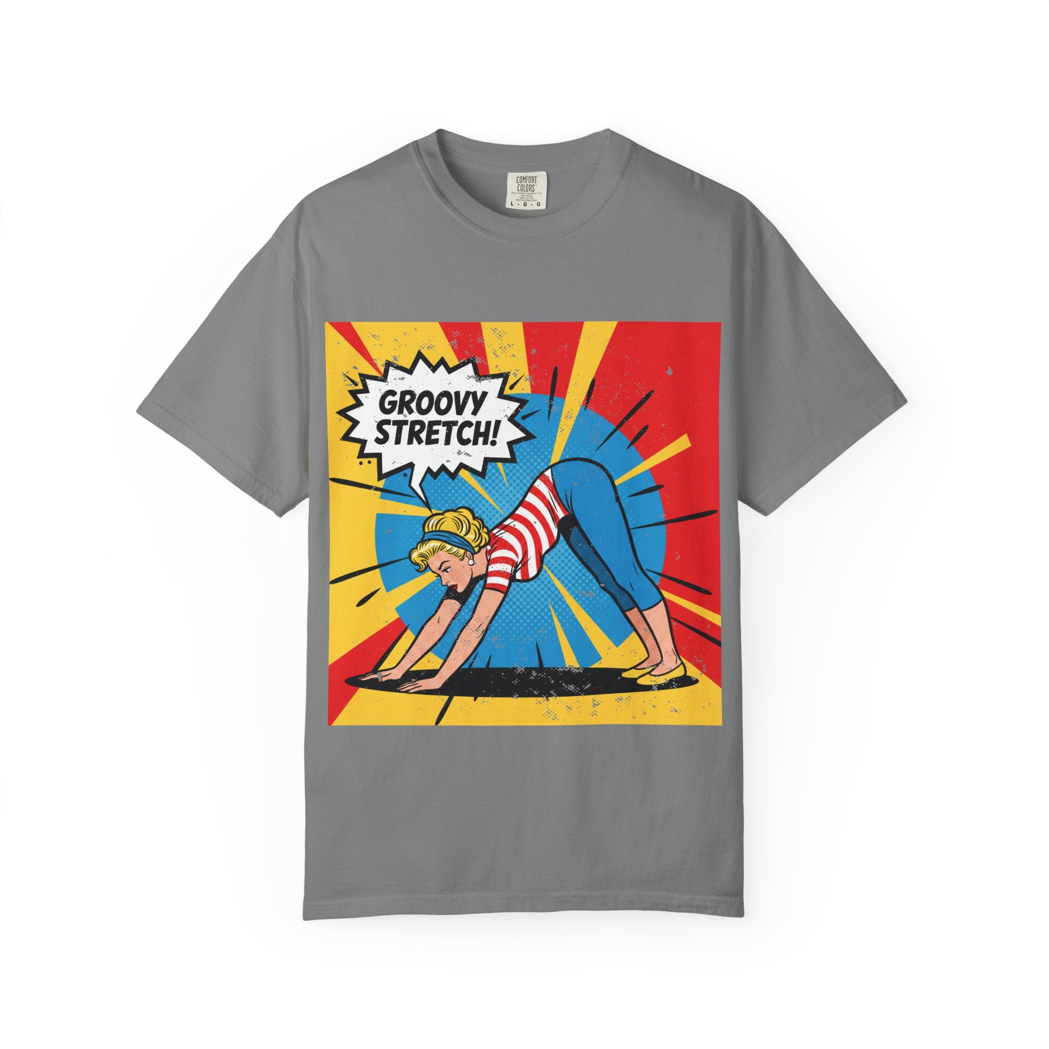 Retro Pop Art Yoga T-Shirt – Vintage Pinup Girl "Groovy Stretch" Graphic Tee