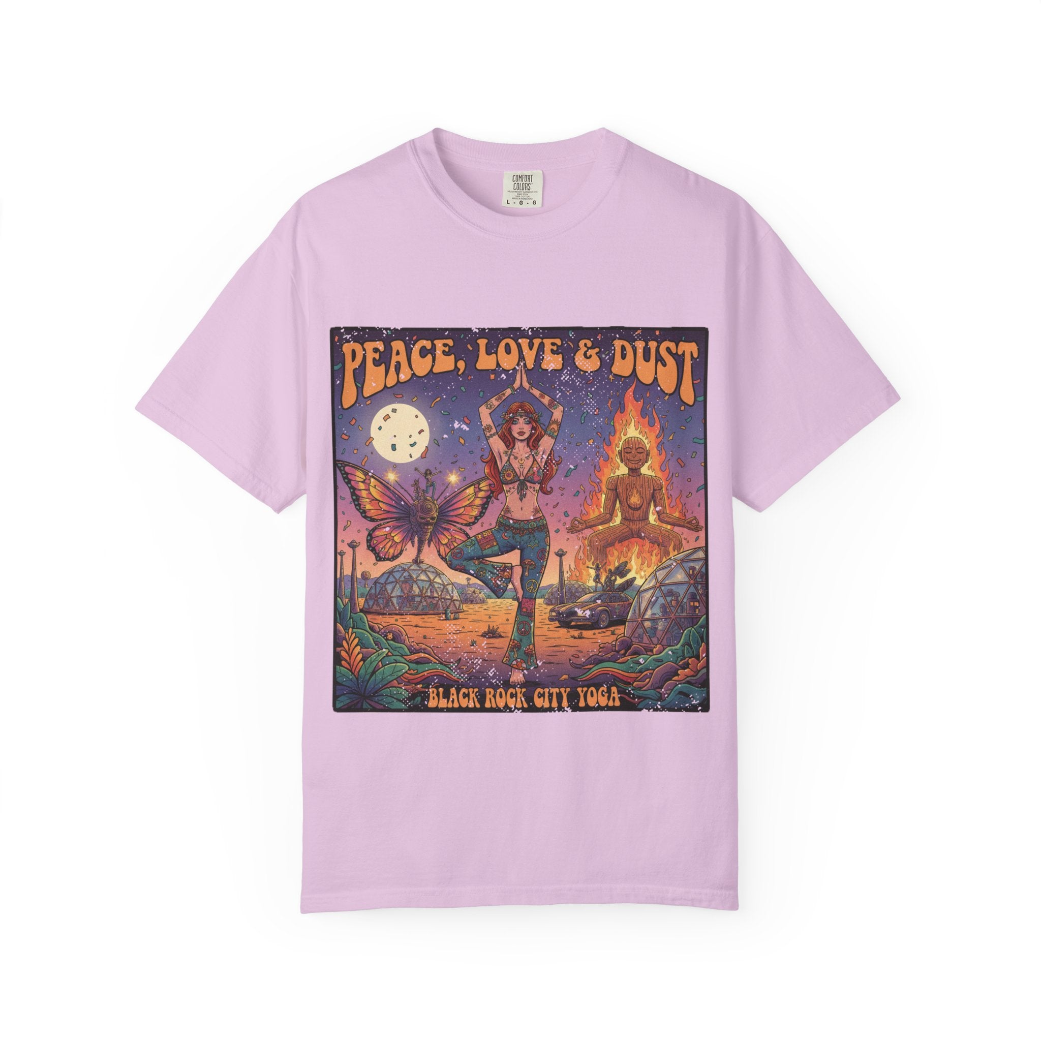 Peace Love & Dust Black Rock City Yoga T-Shirt - Vintage Festival Pinup Graphic Tee