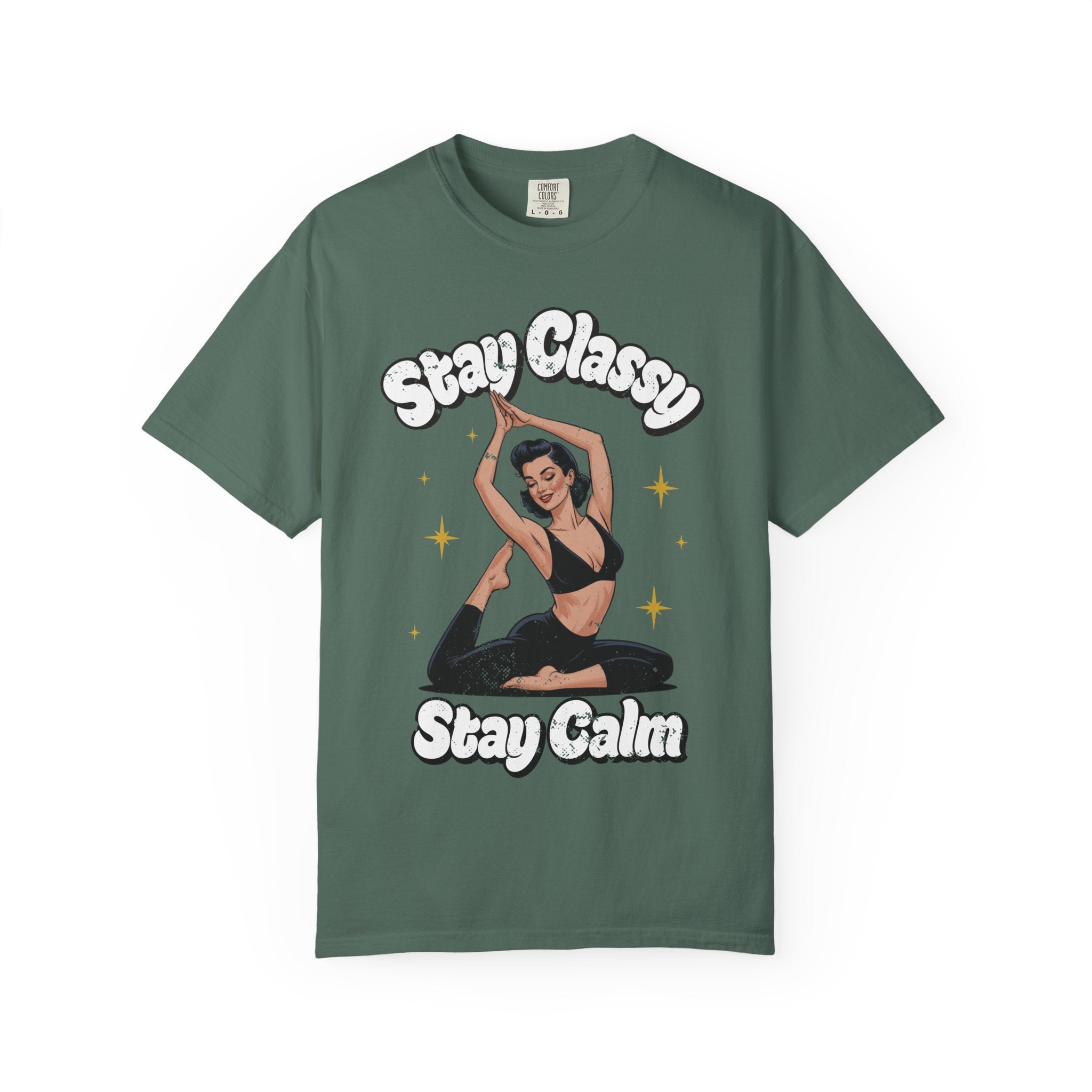 Retro Pinup Girl Yoga T-Shirt - "Stay Classy, Stay Calm" Vintage Graphic Tee