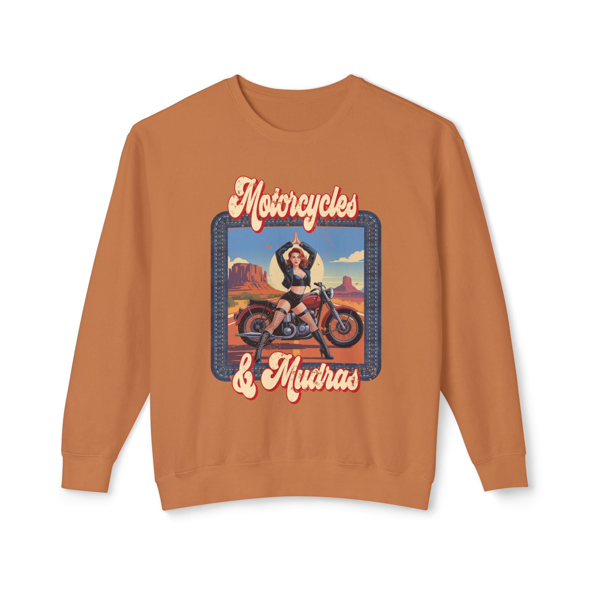 Motorcycles & Mudras Retro Sweatshirt – Vintage Biker Girl Yoga Graphic Pullover