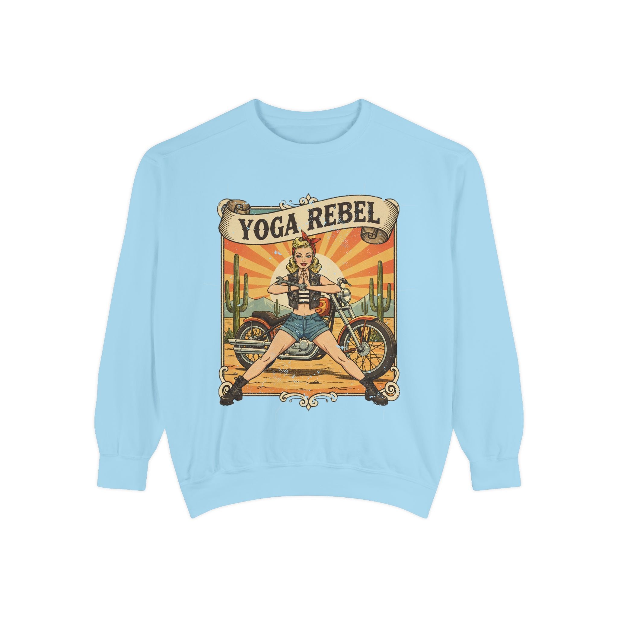Yoga Rebel Retro Sweatshirt – Vintage Biker Girl Motorcycle Graphic Pullover
