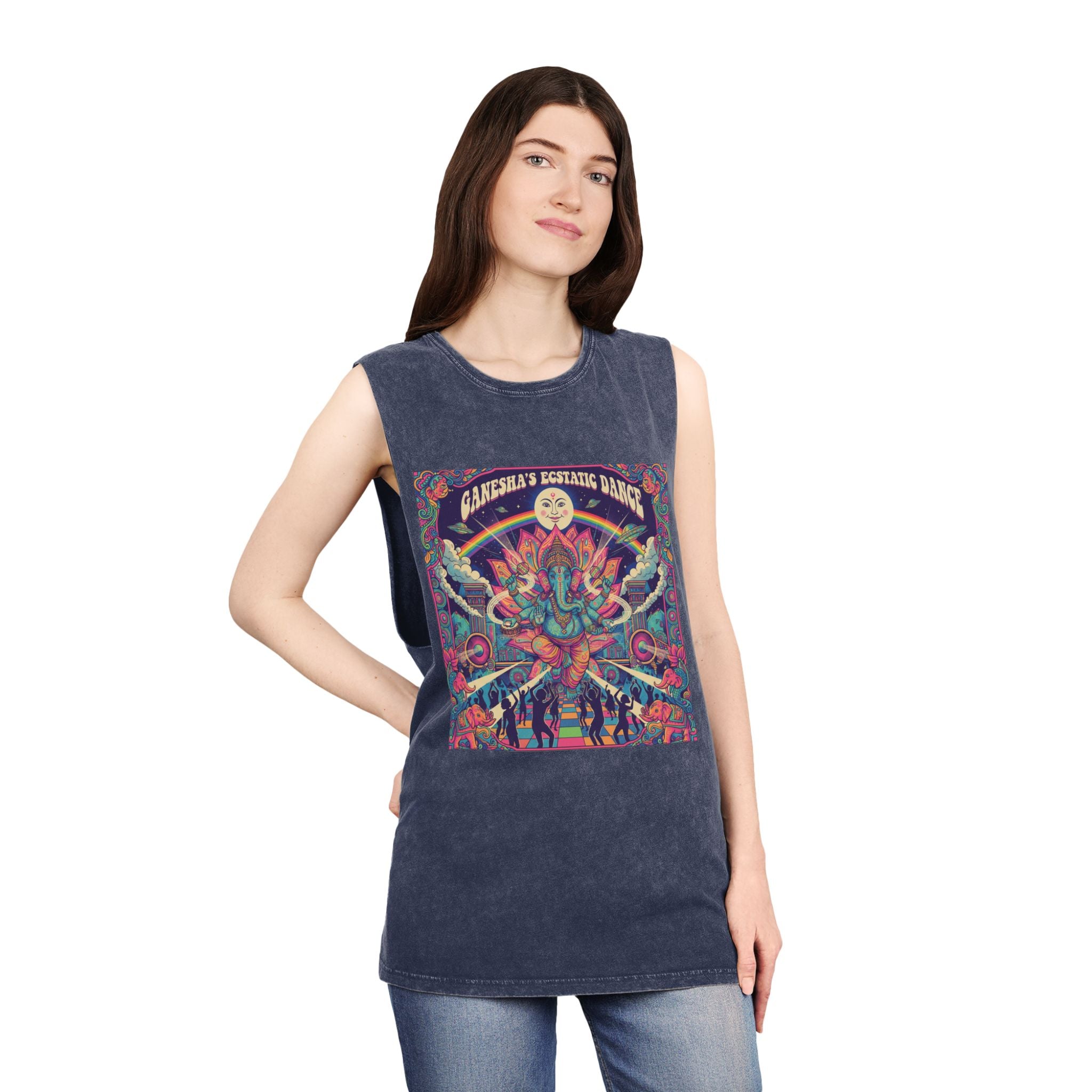 Ganesha’s Ecstatic Dance Stonewashed Tank Top – Psychedelic Festival Rave Graphic Tee