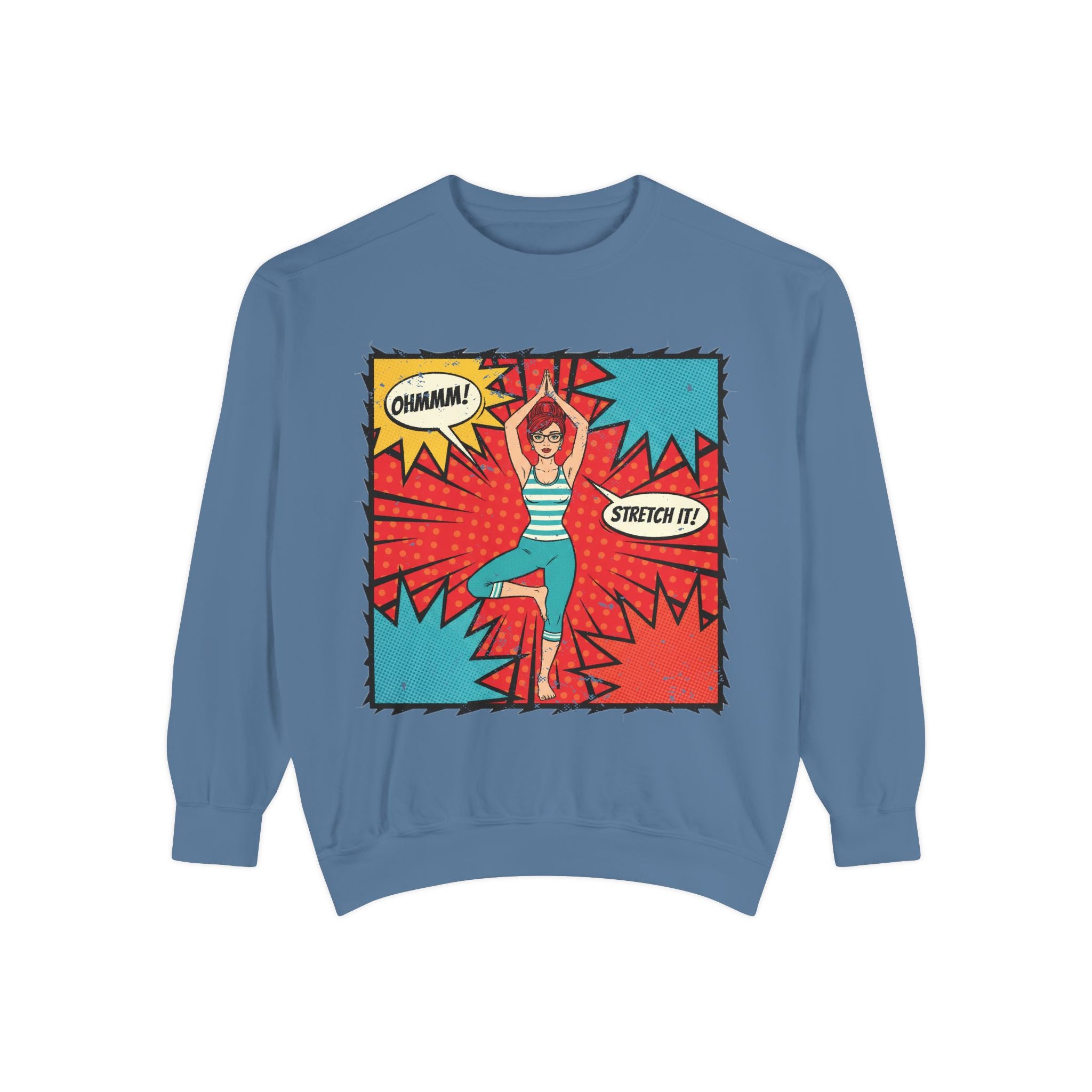 Retro Comic Yoga Sweatshirt – Pop Art Tree Pose "Stretch It!" Vintage Pullover