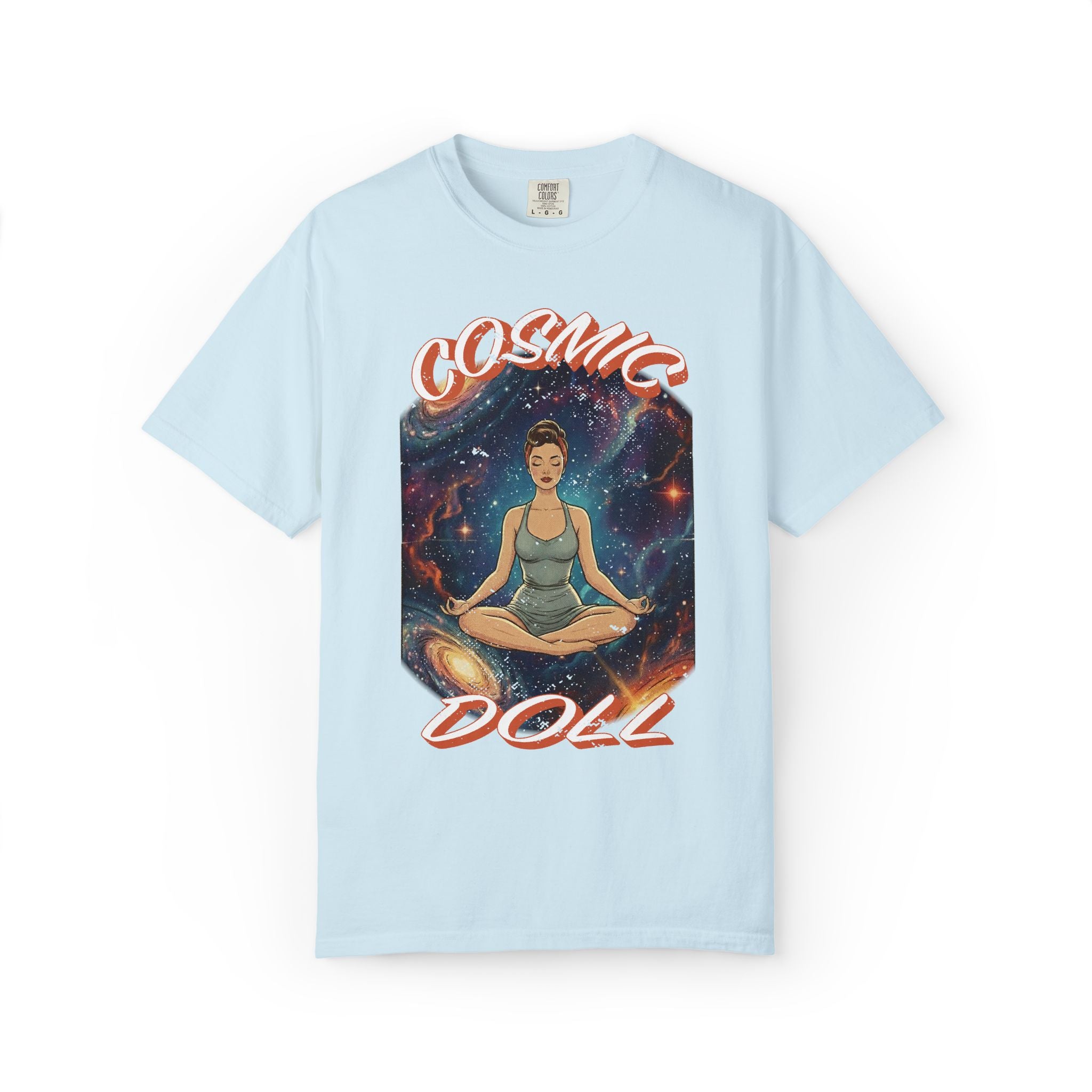 Cosmic Doll Retro Graphic T-Shirt – Vintage Galaxy Meditation Zen Tee