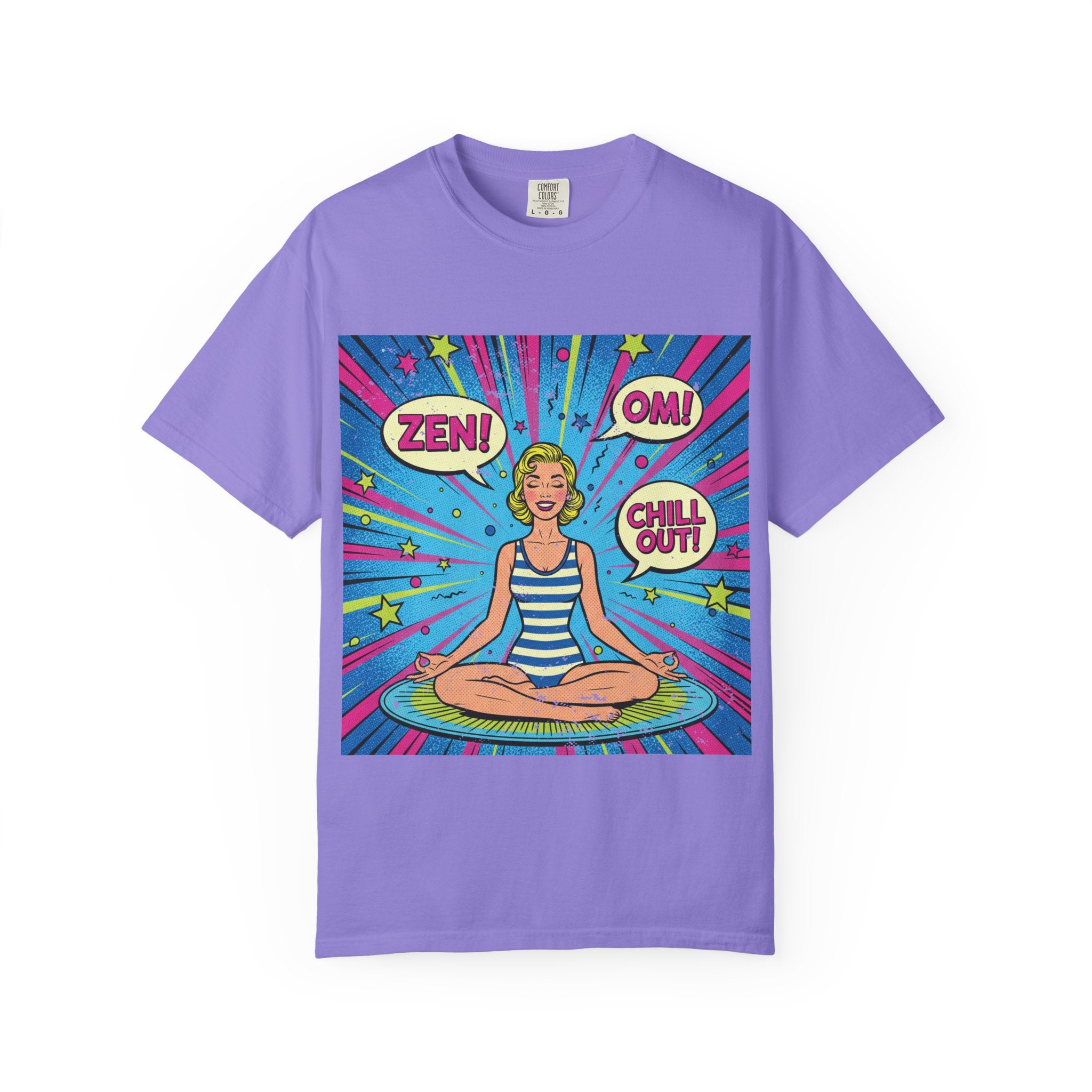 Vintage Zen Pop Art Yoga T-Shirt – Retro Comic Style "Chill Out" Pinup Graphic Tee
