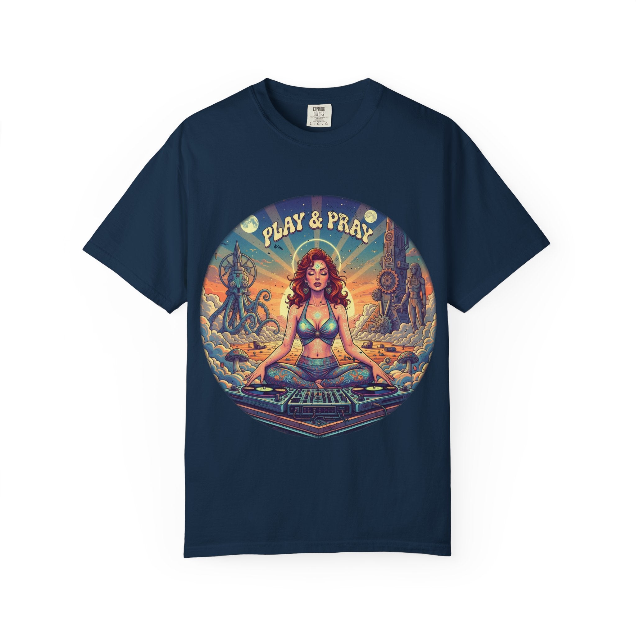Play & Pray Vintage Pinup DJ Tee - Retro Spiritual Rave & Festival Graphic T-Shirt