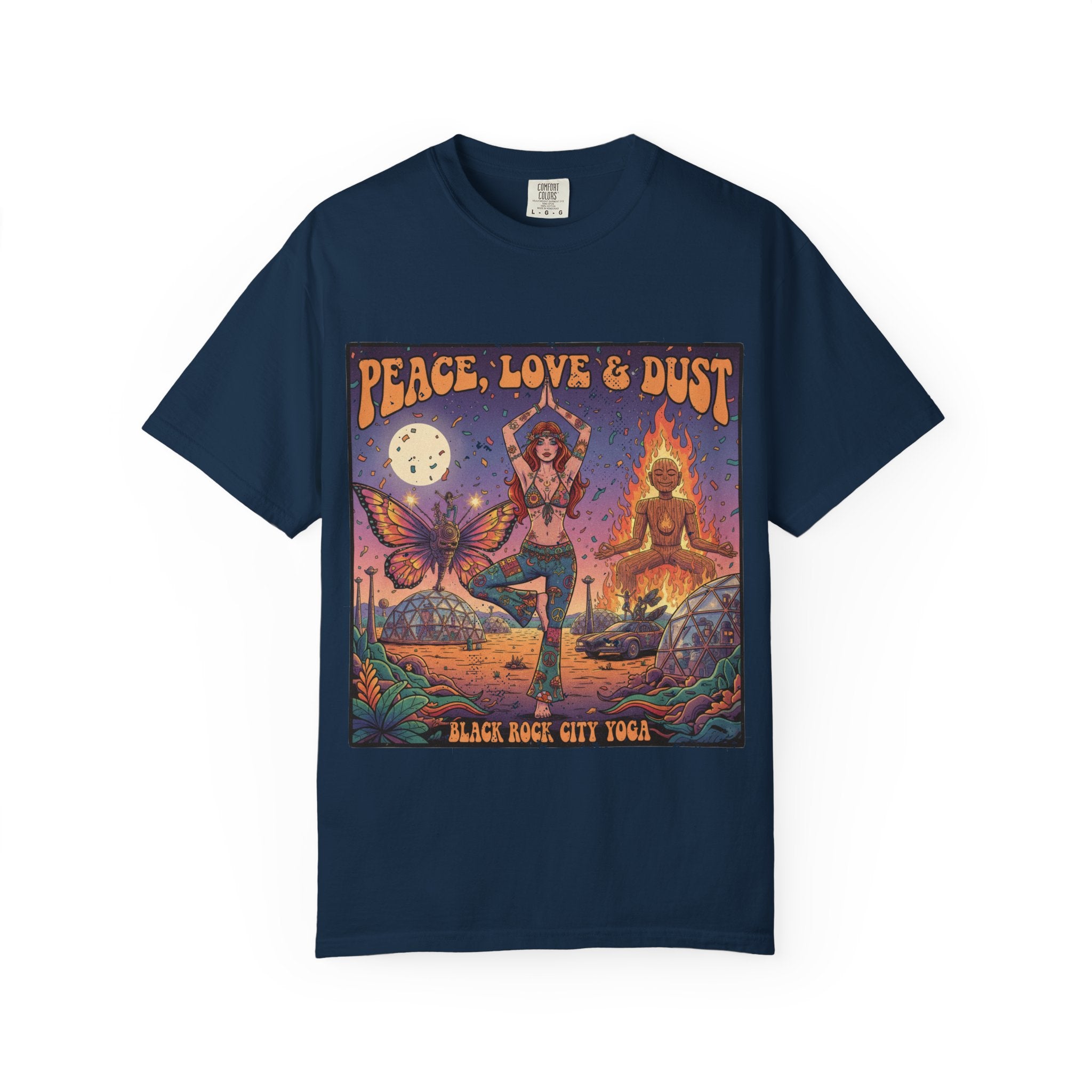 Peace Love & Dust Black Rock City Yoga T-Shirt - Vintage Festival Pinup Graphic Tee