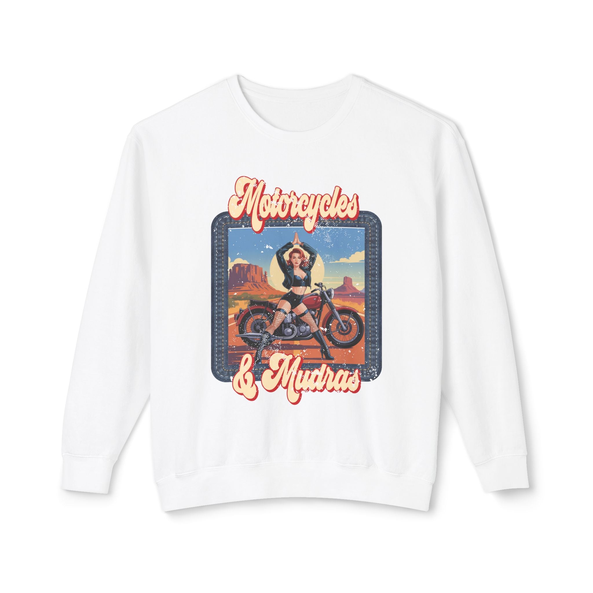 Motorcycles & Mudras Retro Sweatshirt – Vintage Biker Girl Yoga Graphic Pullover