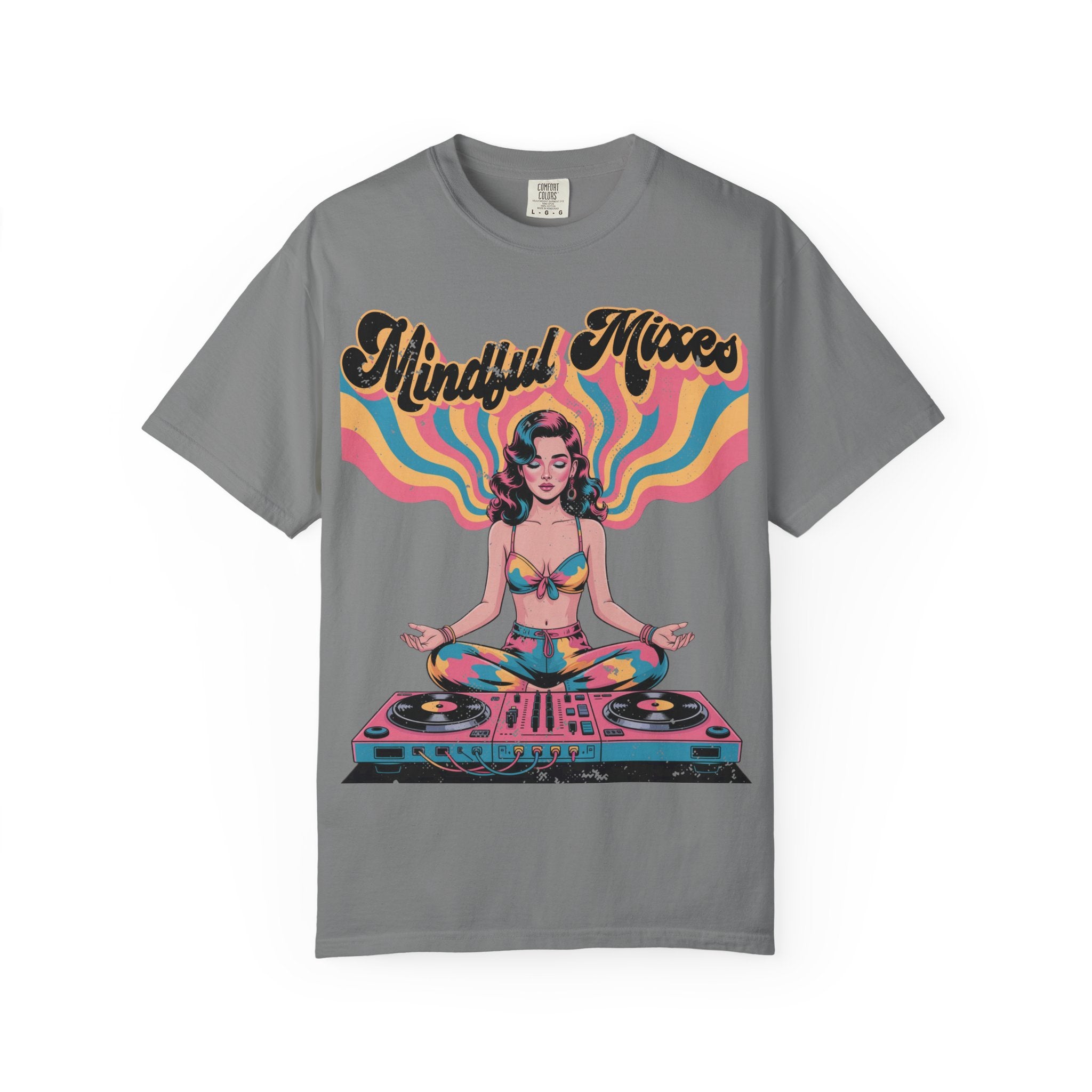 Mindful Mixes Retro DJ T-Shirt – Psychedelic Pinup Meditating Graphic Tee