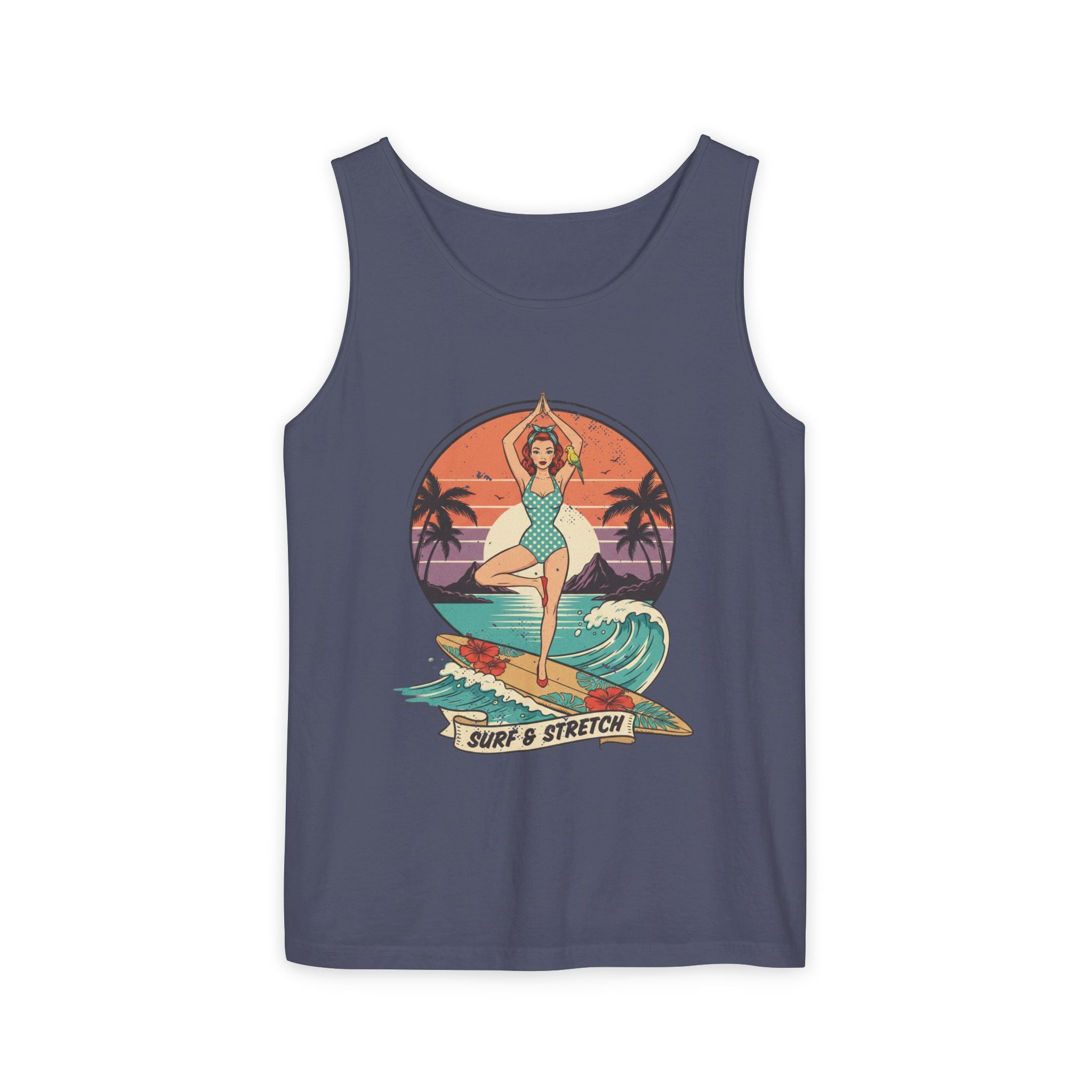 Surf & Stretch Retro Tank Top – Vintage Tropical Beach Yoga Graphic Tee
