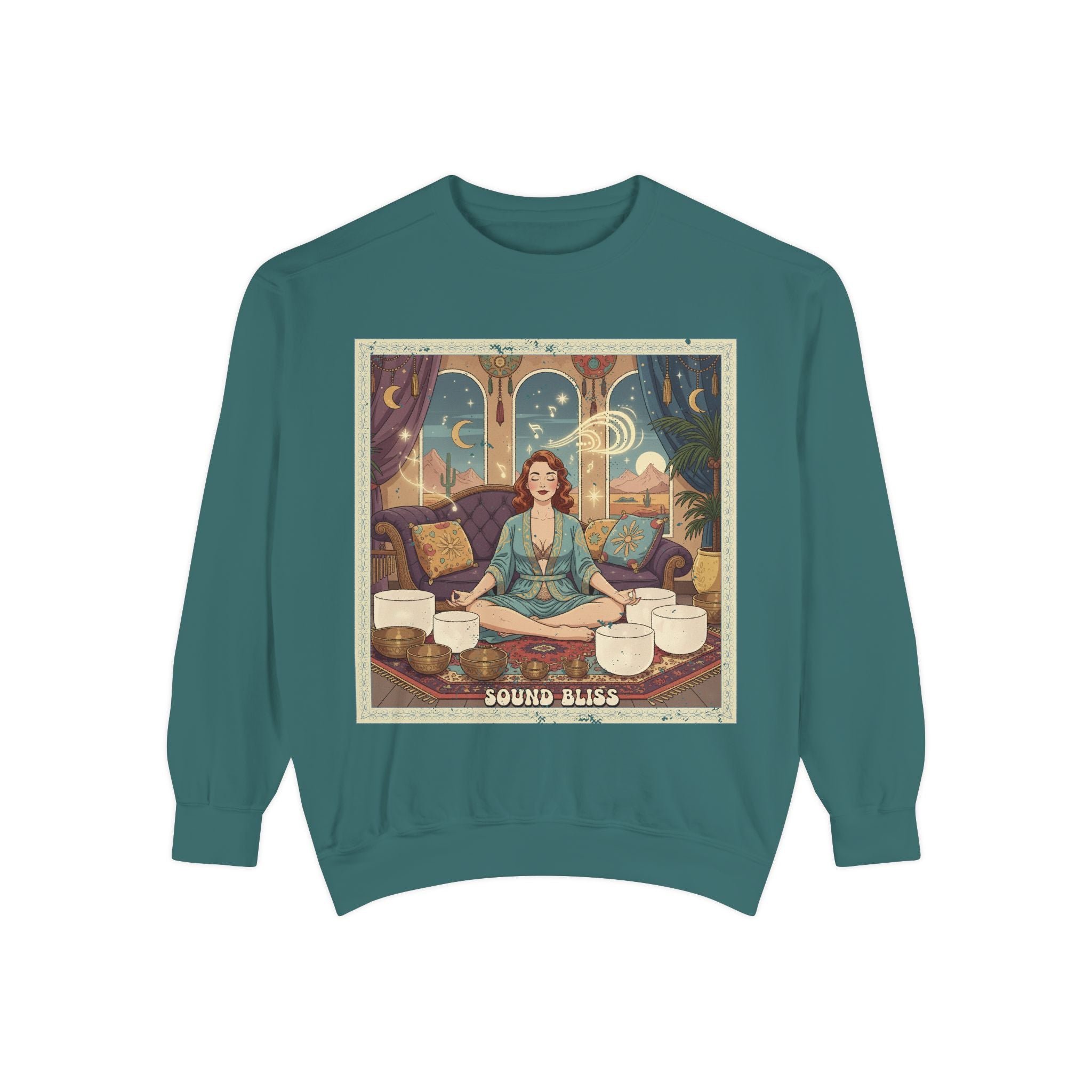 Sound Bliss Retro Sweatshirt – Vintage Sound Healing & Crystal Bowl Graphic Pullover