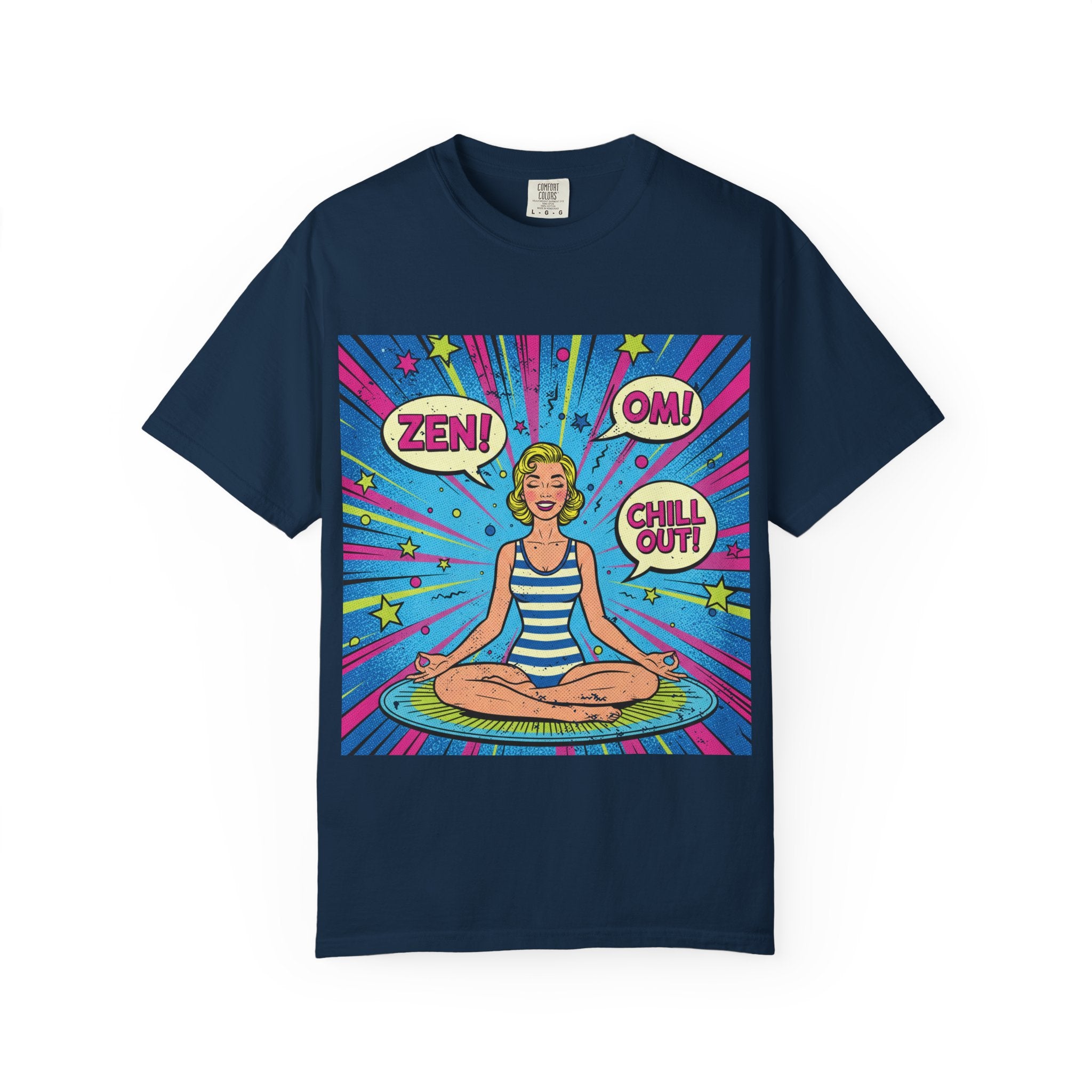 Vintage Zen Pop Art Yoga T-Shirt – Retro Comic Style "Chill Out" Pinup Graphic Tee