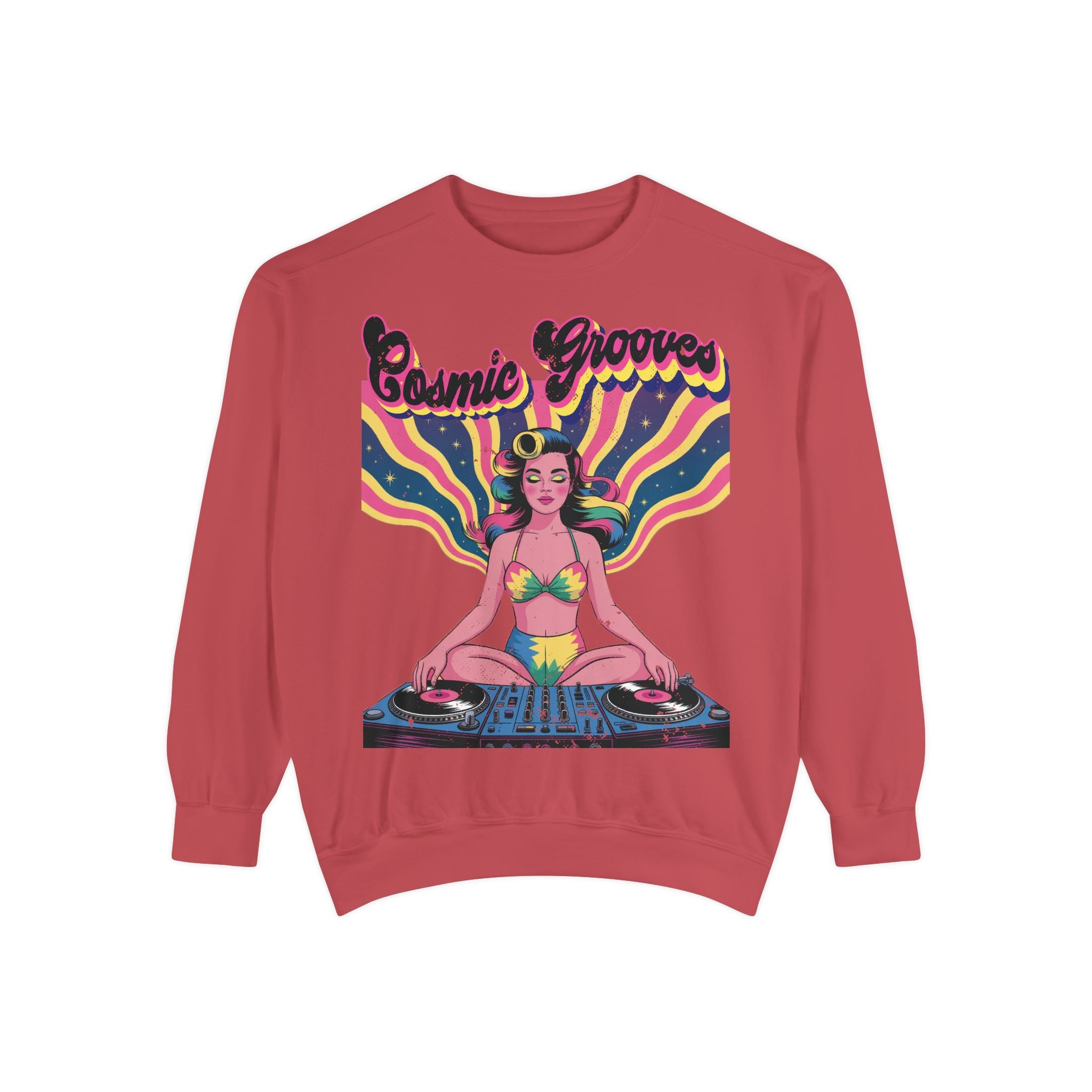 Cosmic Grooves Retro Pinup DJ Sweatshirt – Psychedelic Meditating Rave Apparel