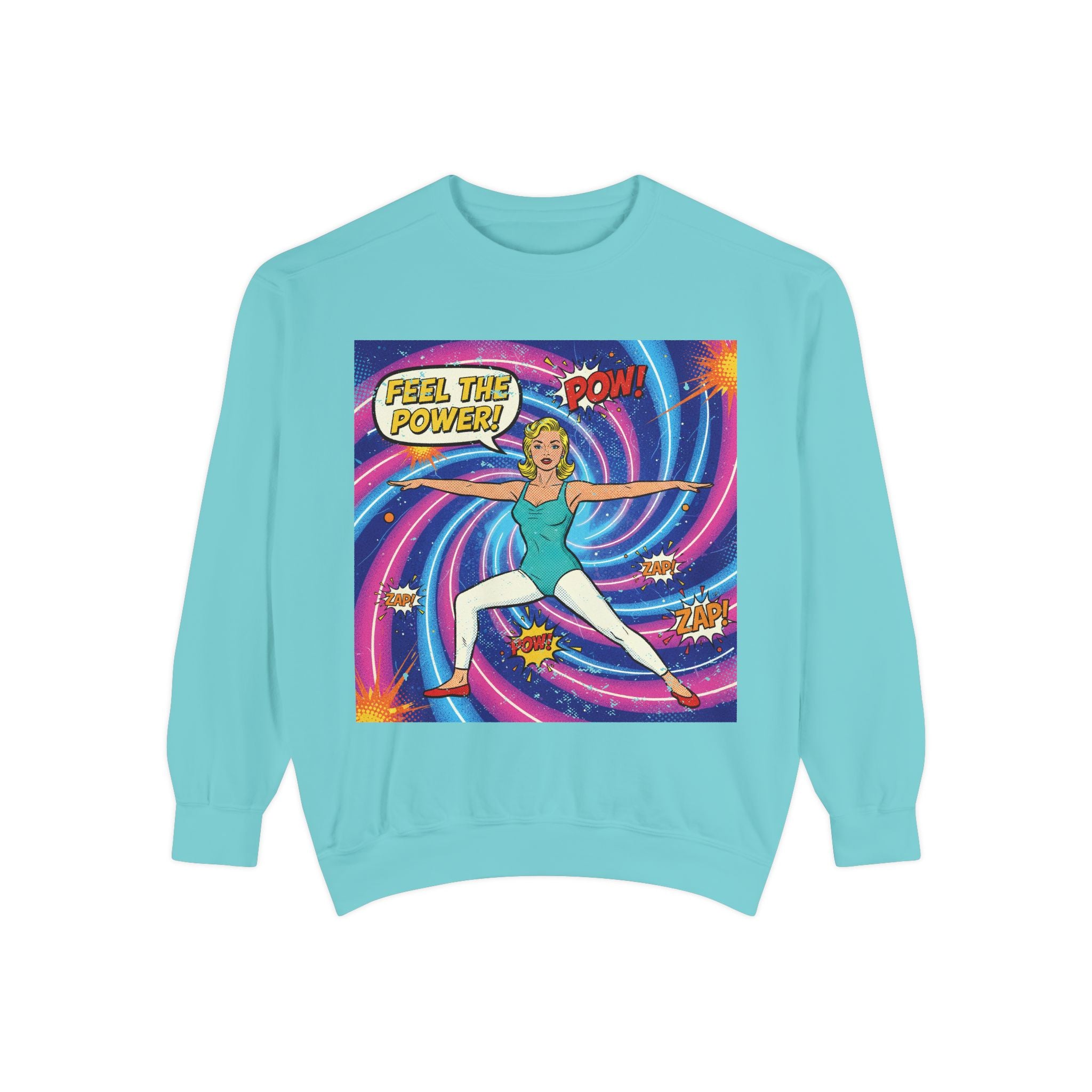 Retro Comic Yoga Sweatshirt – Vintage Pop Art Warrior Pose "Feel The Power" Pullover
