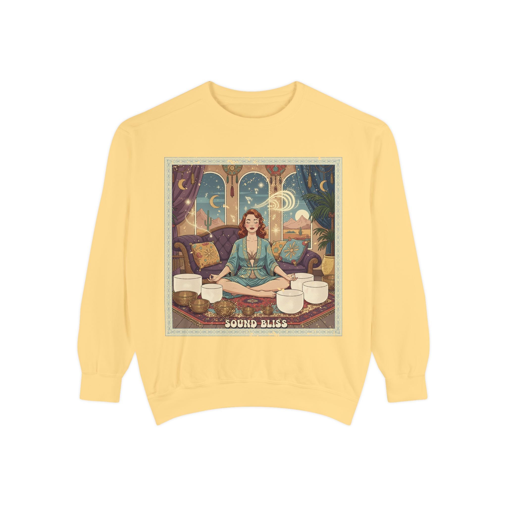 Sound Bliss Retro Sweatshirt – Vintage Sound Healing & Crystal Bowl Graphic Pullover