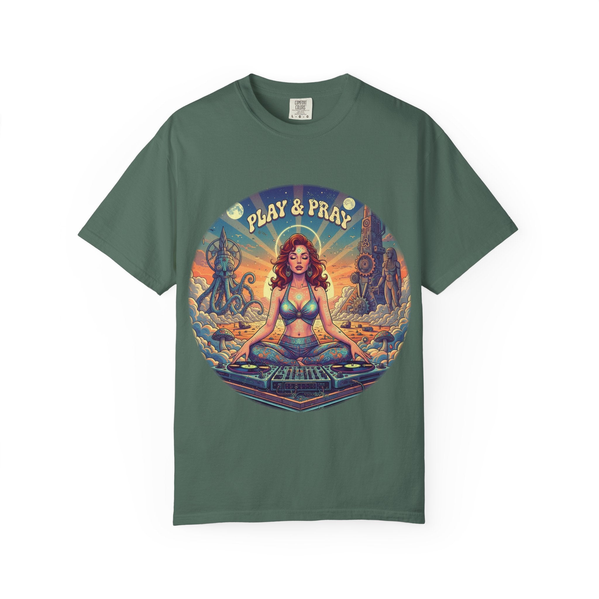 Play & Pray Vintage Pinup DJ Tee - Retro Spiritual Rave & Festival Graphic T-Shirt