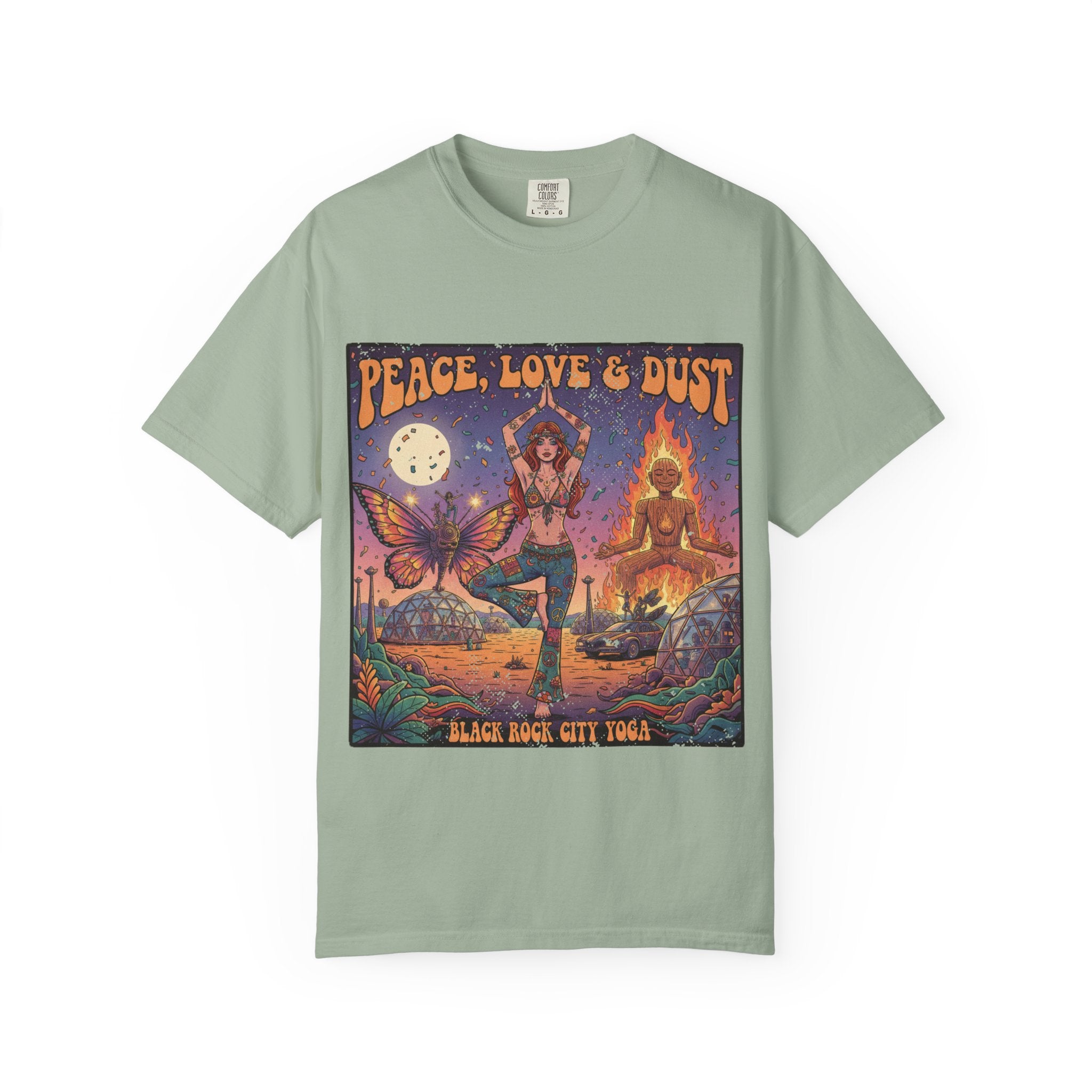 Peace Love & Dust Black Rock City Yoga T-Shirt - Vintage Festival Pinup Graphic Tee