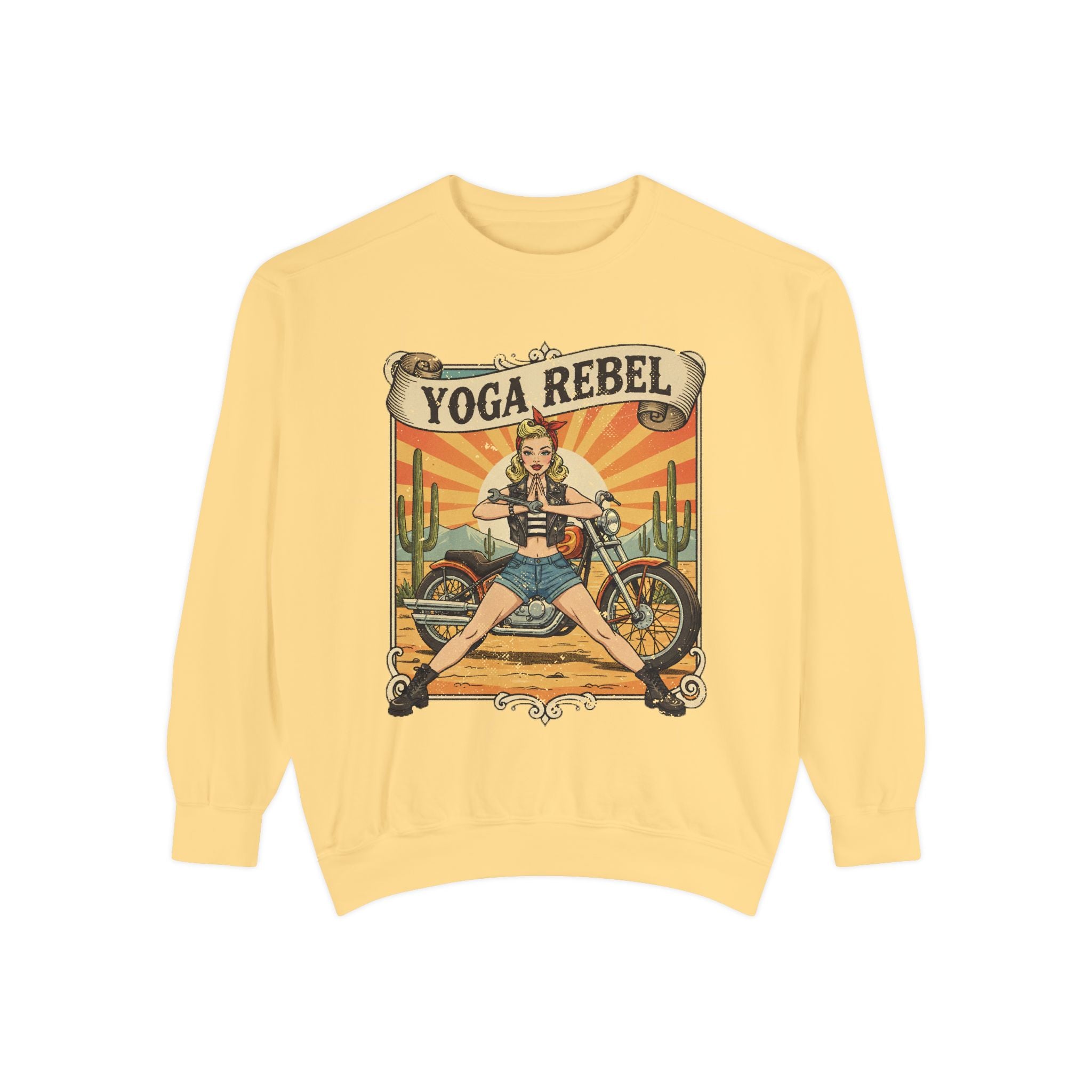 Yoga Rebel Retro Sweatshirt – Vintage Biker Girl Motorcycle Graphic Pullover