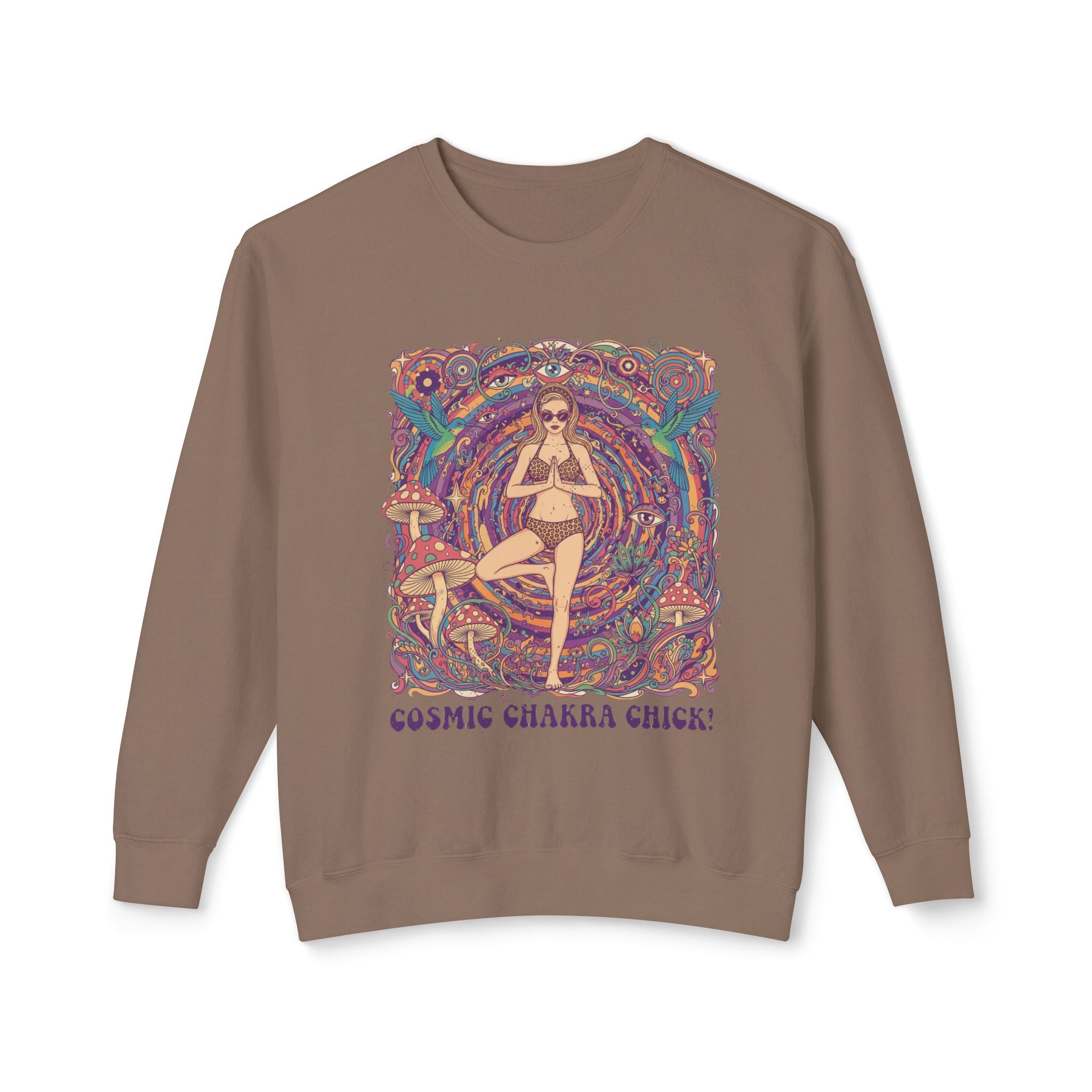 Cosmic Chakra Chill Psychedelic Sweatshirt – Retro Yoga Pinup & Mushroom Art Pullover