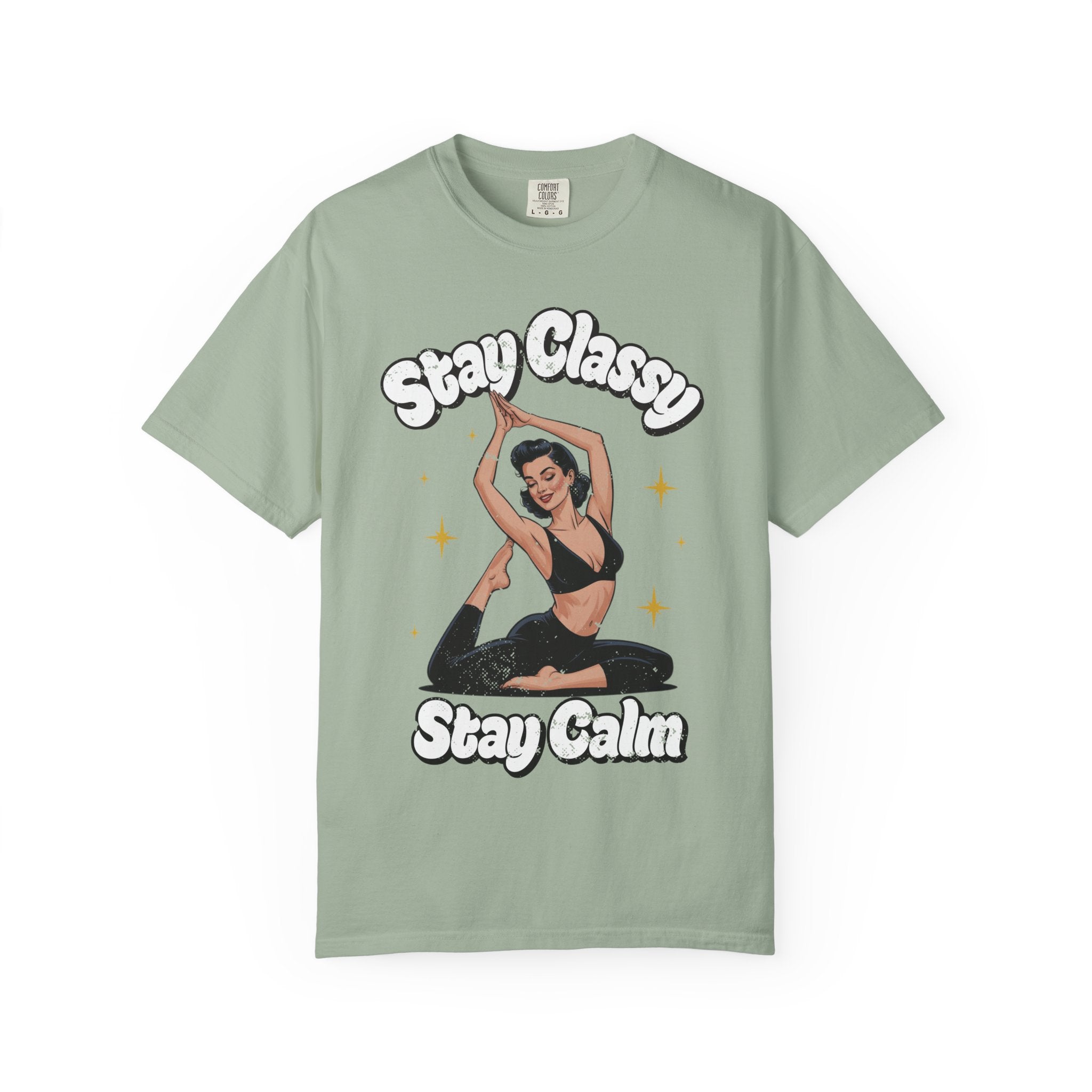 Retro Pinup Girl Yoga T-Shirt - "Stay Classy, Stay Calm" Vintage Graphic Tee