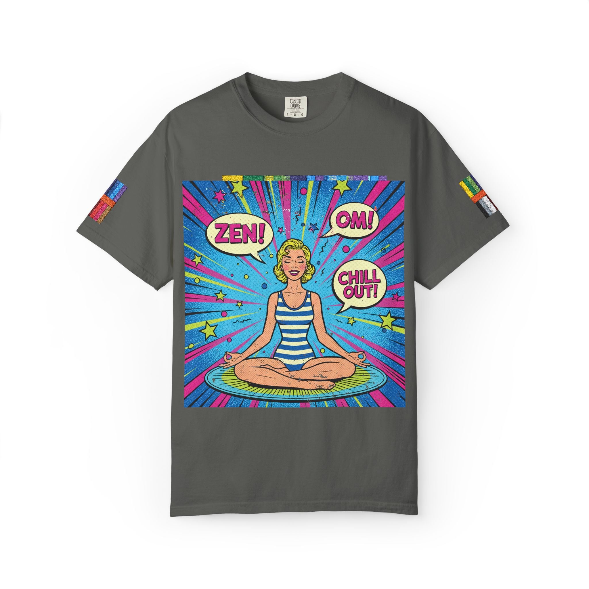 Vintage Zen Pop Art Yoga T-Shirt – Retro Comic Style "Chill Out" Pinup Graphic Tee