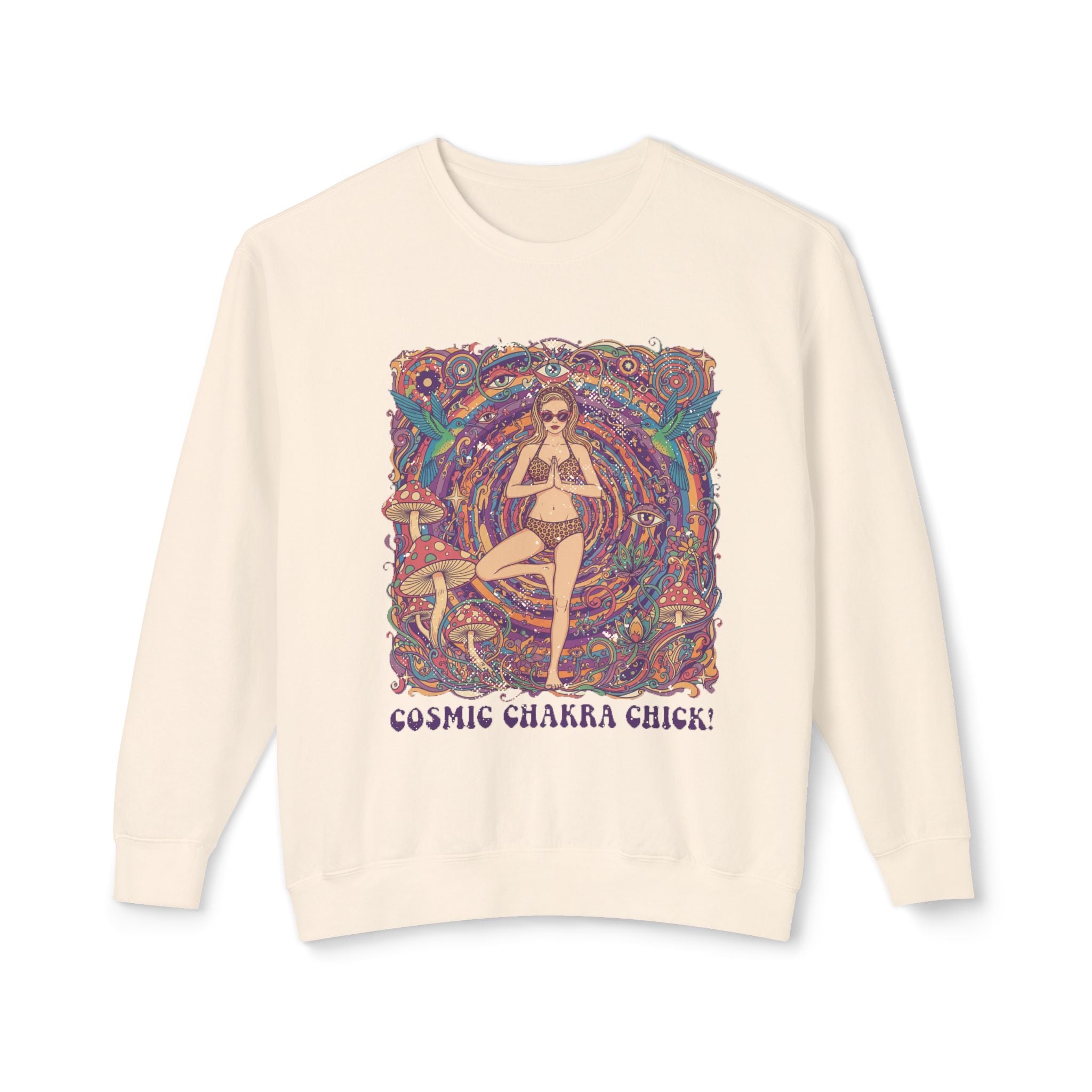 Cosmic Chakra Chill Psychedelic Sweatshirt – Retro Yoga Pinup & Mushroom Art Pullover