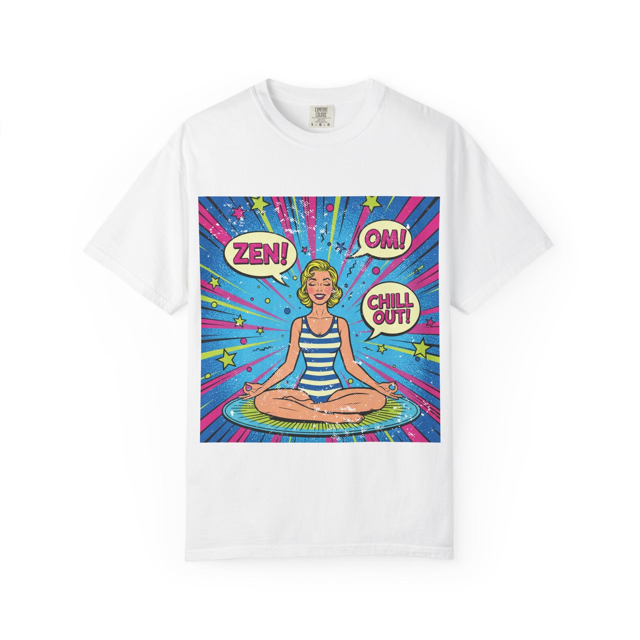 Vintage Zen Pop Art Yoga T-Shirt – Retro Comic Style "Chill Out" Pinup Graphic Tee