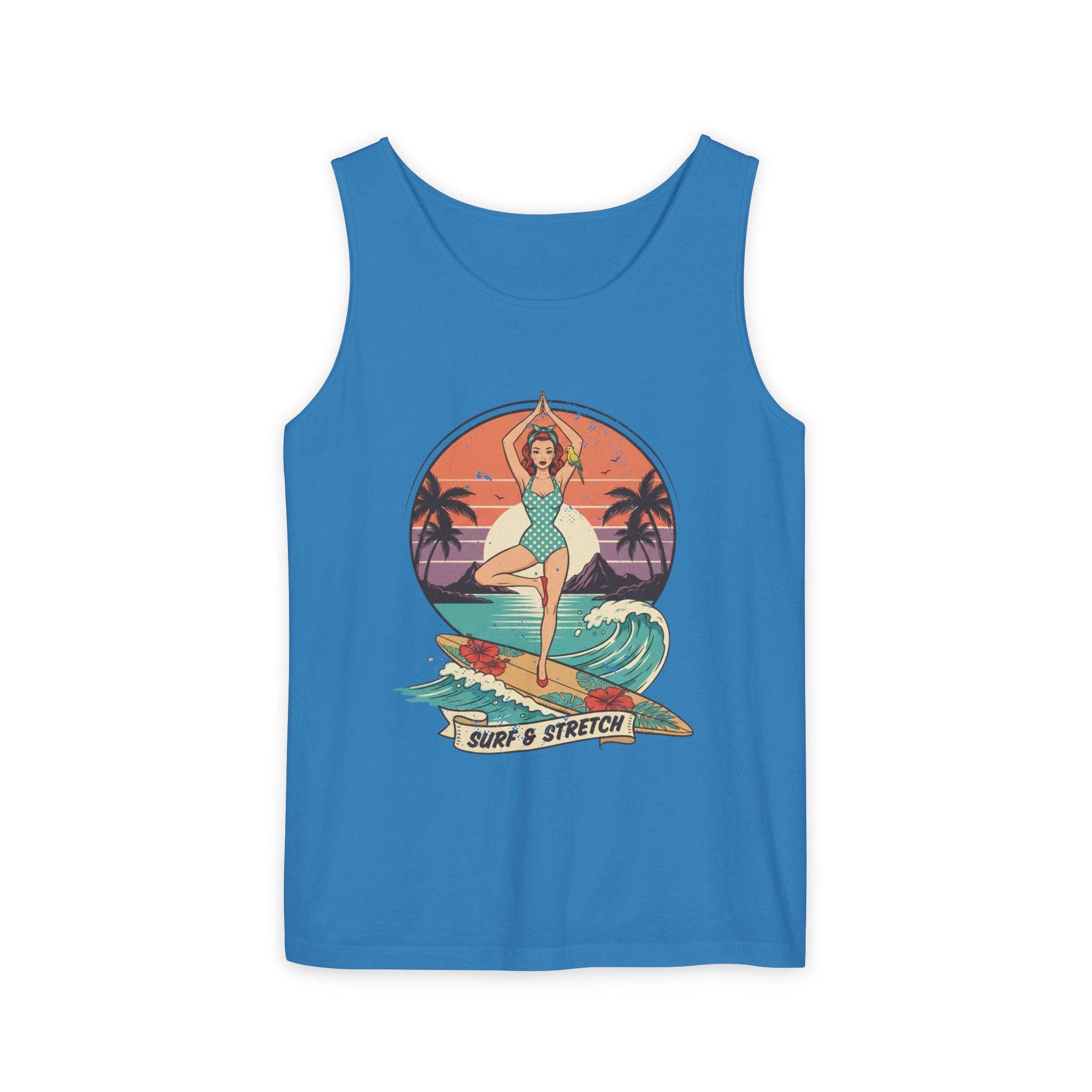 Surf & Stretch Retro Tank Top – Vintage Tropical Beach Yoga Graphic Tee