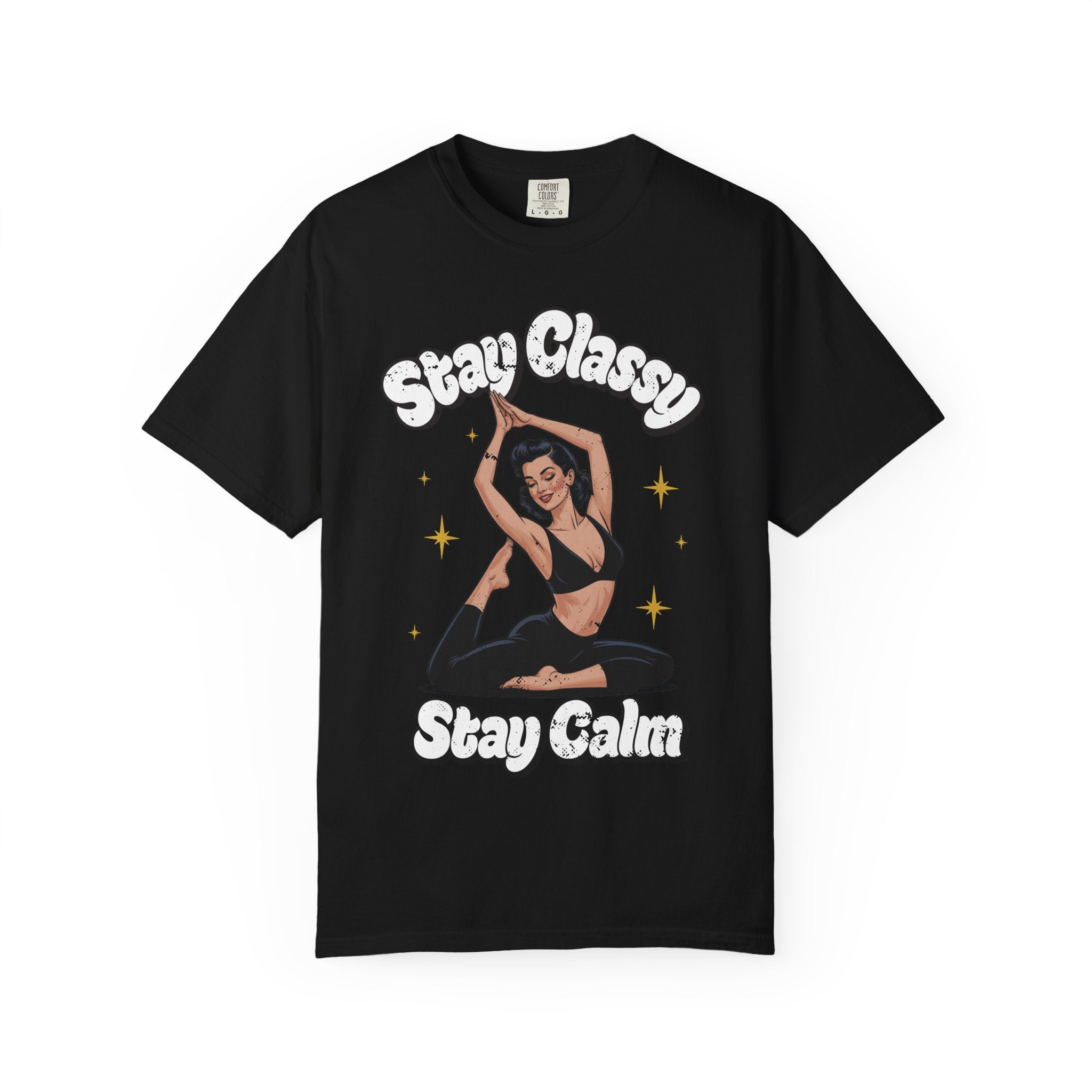 Retro Pinup Girl Yoga T-Shirt - "Stay Classy, Stay Calm" Vintage Graphic Tee