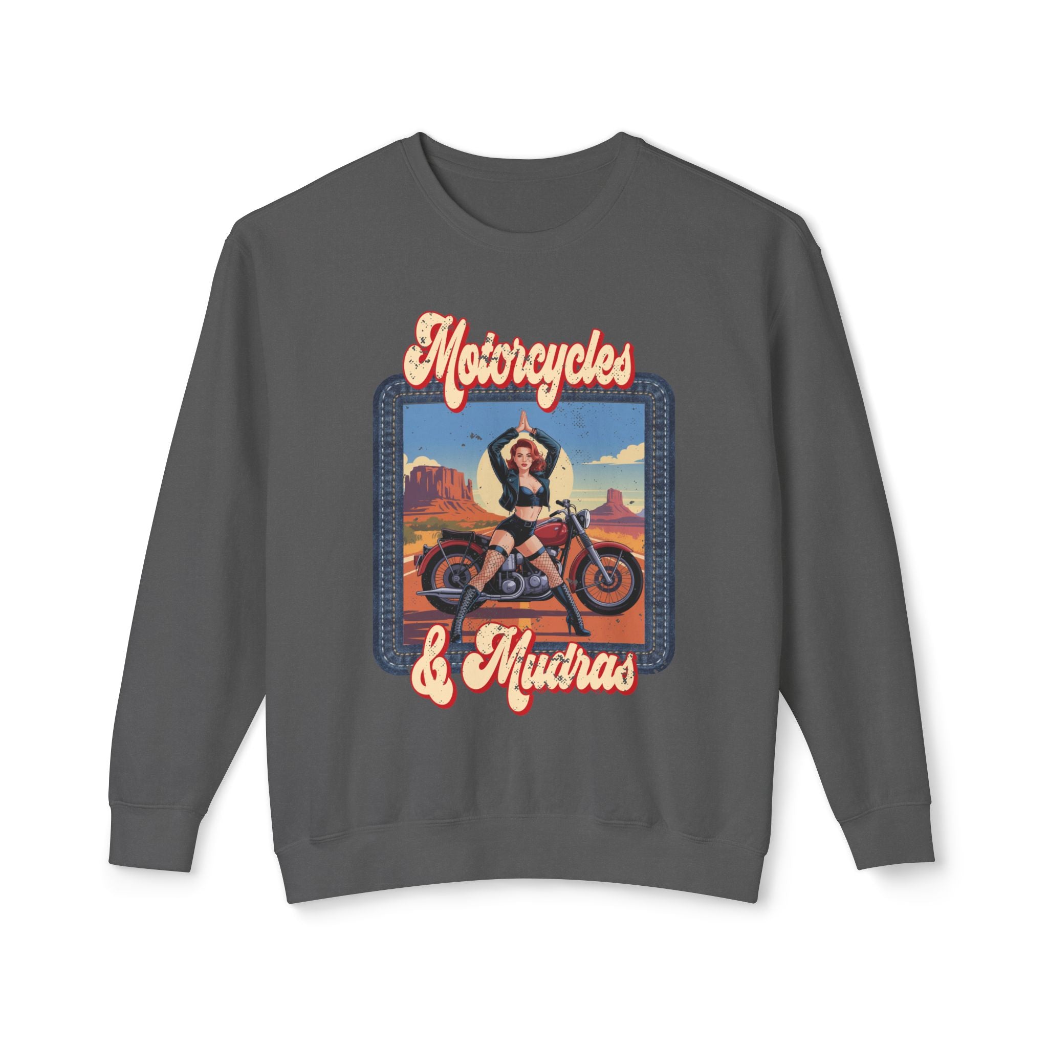 Motorcycles & Mudras Retro Sweatshirt – Vintage Biker Girl Yoga Graphic Pullover
