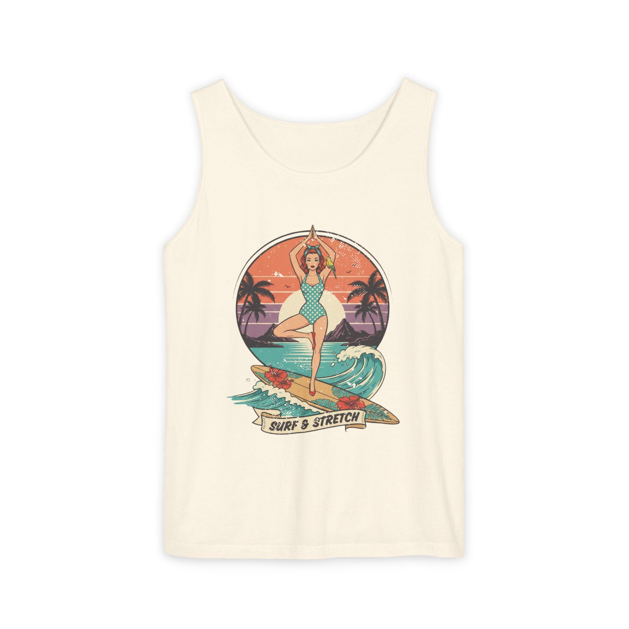 Surf & Stretch Retro Tank Top – Vintage Tropical Beach Yoga Graphic Tee