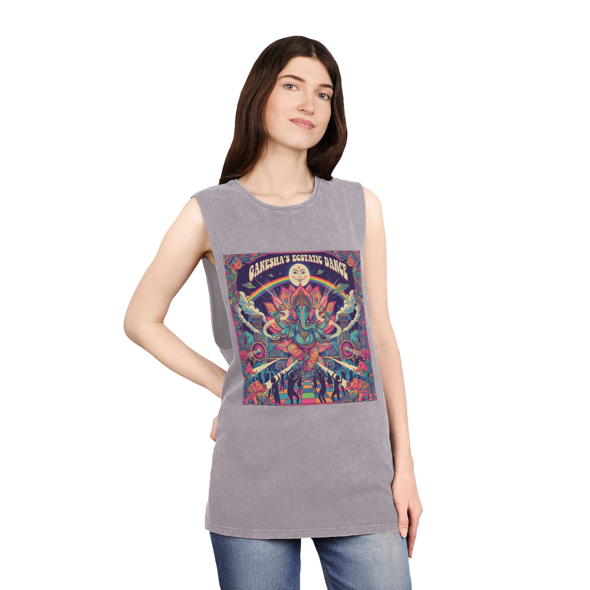Ganesha’s Ecstatic Dance Stonewashed Tank Top – Psychedelic Festival Rave Graphic Tee