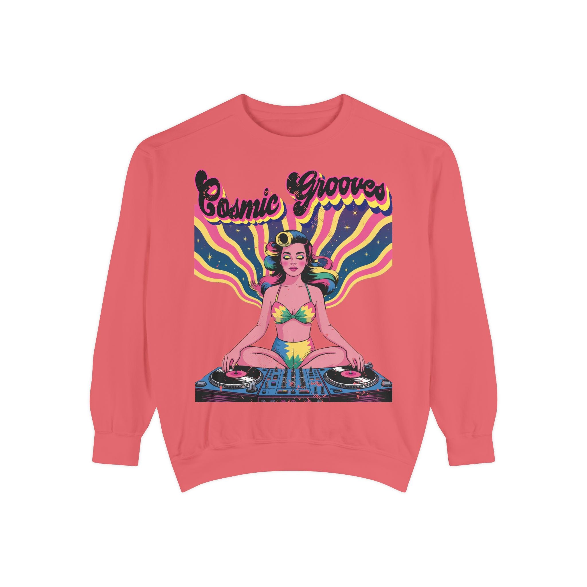 Cosmic Grooves Retro Pinup DJ Sweatshirt – Psychedelic Meditating Rave Apparel