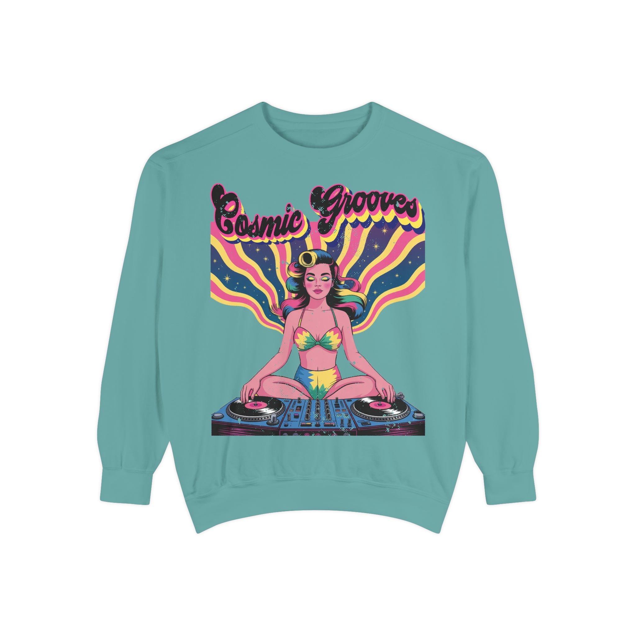Cosmic Grooves Retro Pinup DJ Sweatshirt – Psychedelic Meditating Rave Apparel