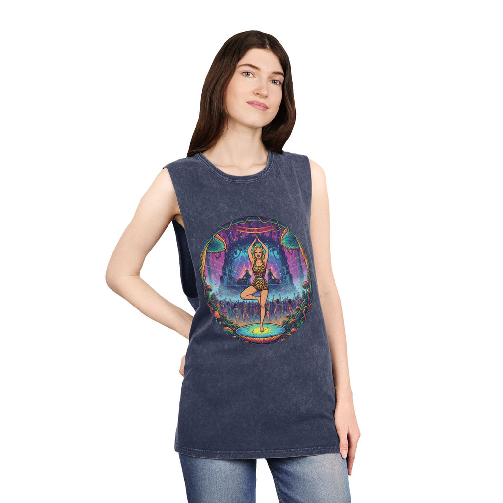 Cosmic Groove Forest Festival Pinup Tank Top - Vintage Psychedelic Mushroom Stonewashed Rave Gear