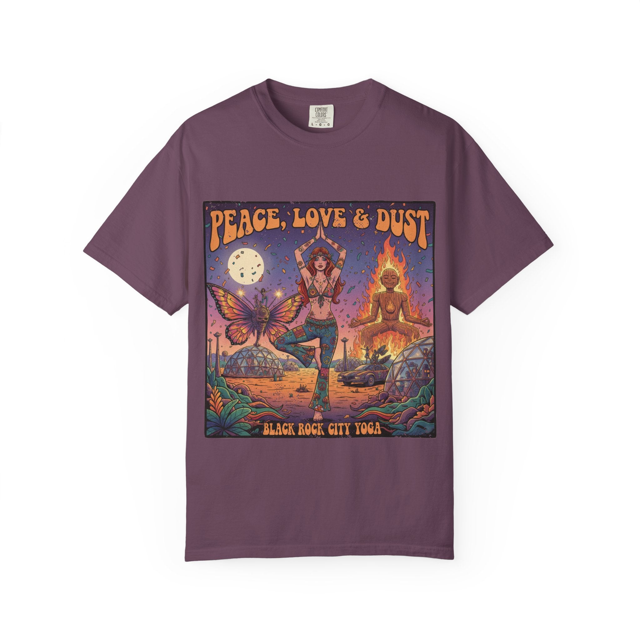 Peace Love & Dust Black Rock City Yoga T-Shirt - Vintage Festival Pinup Graphic Tee